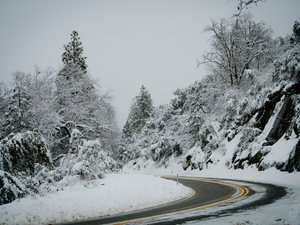 a snow covered road surrounded by trees and rocks