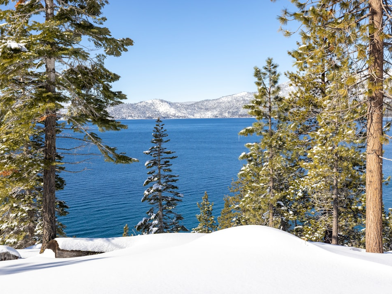 a view of a lake surrounded by trees and snow