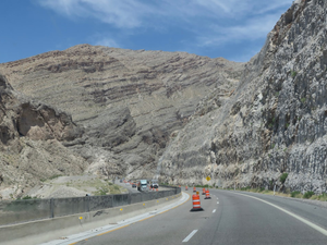 Driving north on I-15 through the Virgin River Gorge with road construction.