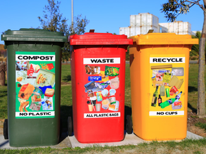 Three brightly colored waste bins placed where they can easily be found and used .