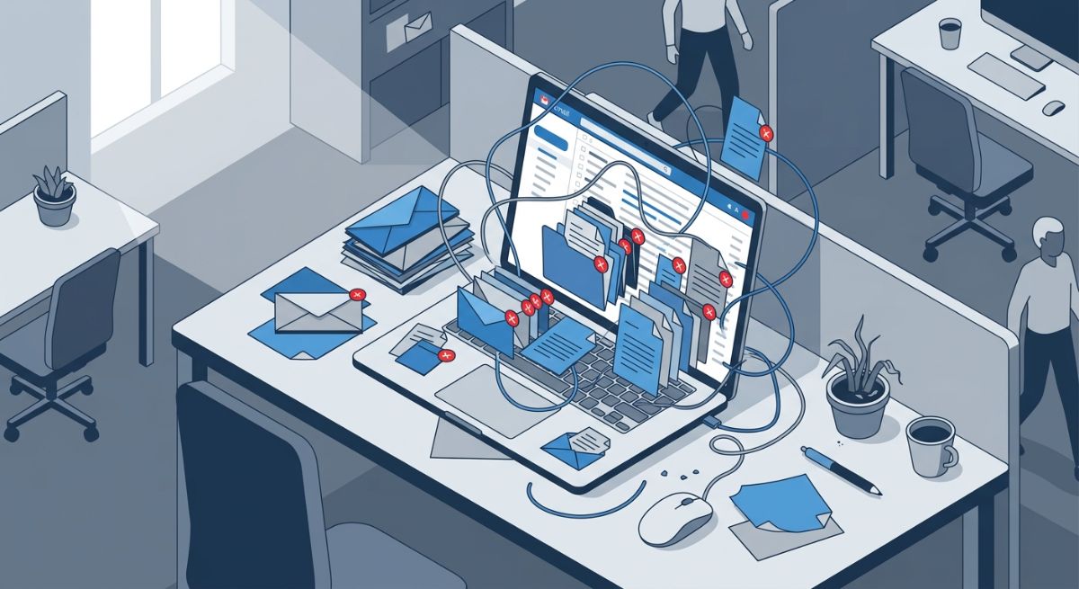 Isometric illustration showing chaotic email threads and digital clutter in a corporate office.