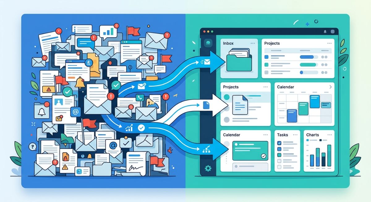 Comparison of email clutter vs organized portals built with custom web app development.