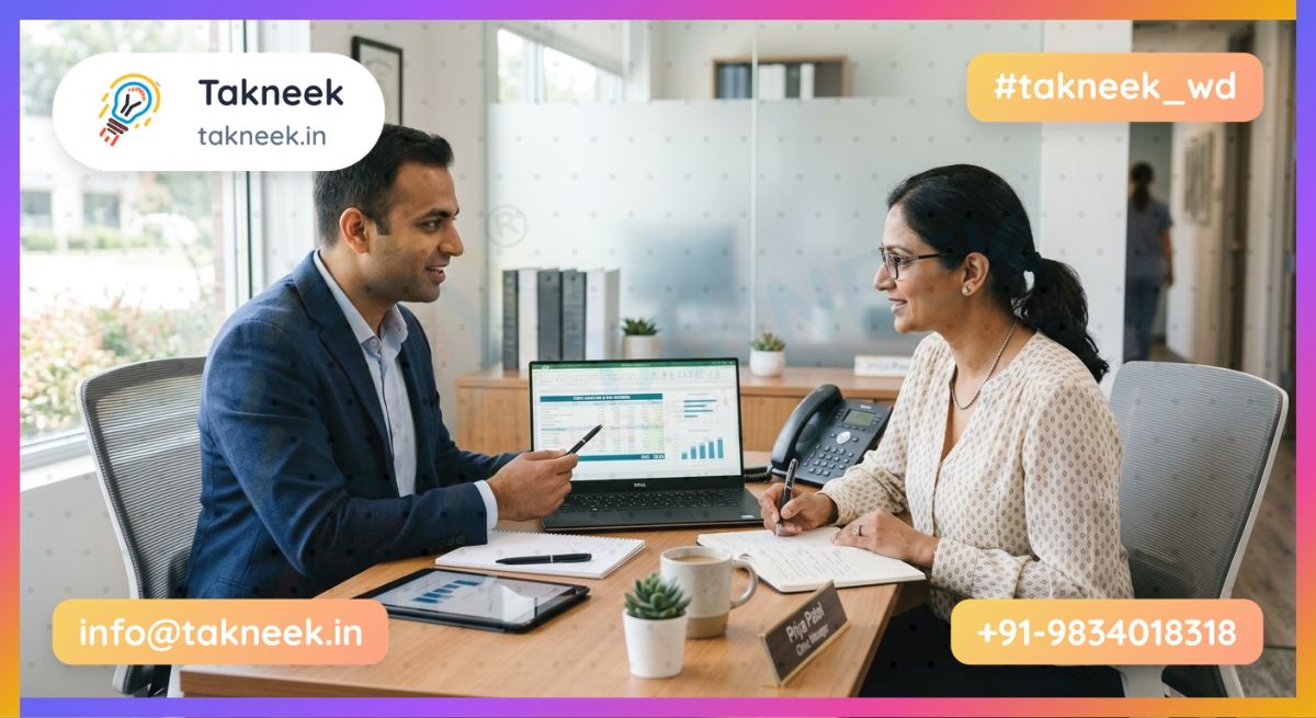 An Indian business consultant discussing cost spreadsheets and ROI metrics with a clinic manager.