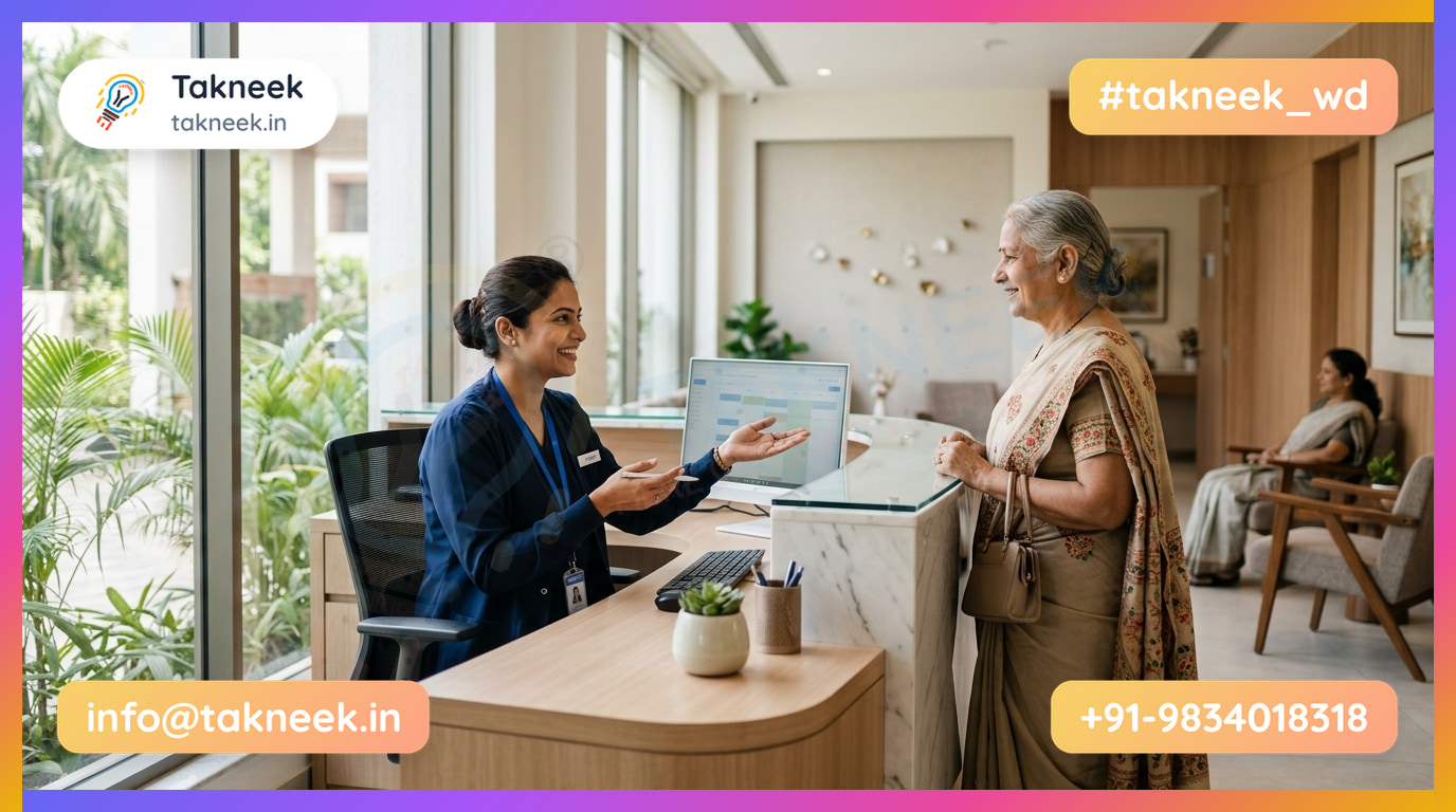 A organized reception desk staff helping a patient check in at a modern medical clinic.
