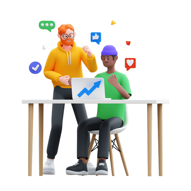 An illustration of a person working on a laptop with UI elements floating around.