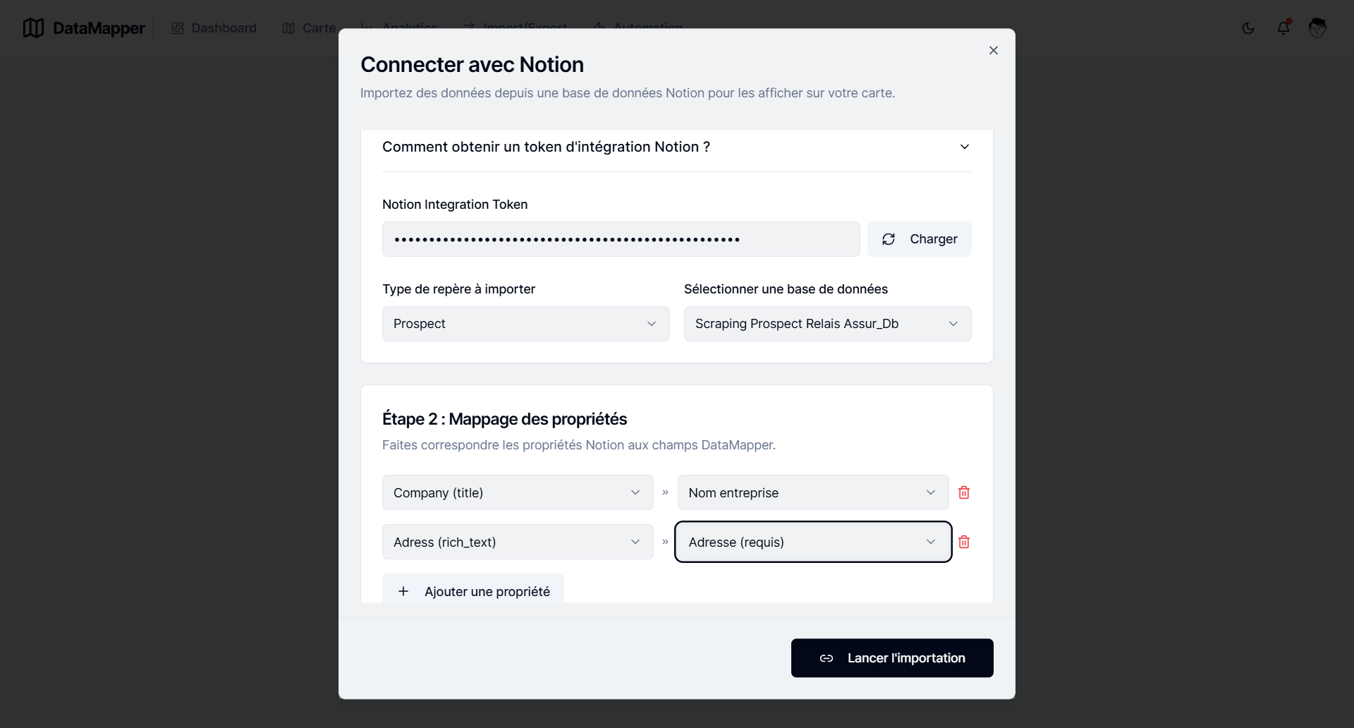 Aperçu de la connexion Notion dans DataMapper montrant le mappage des champs