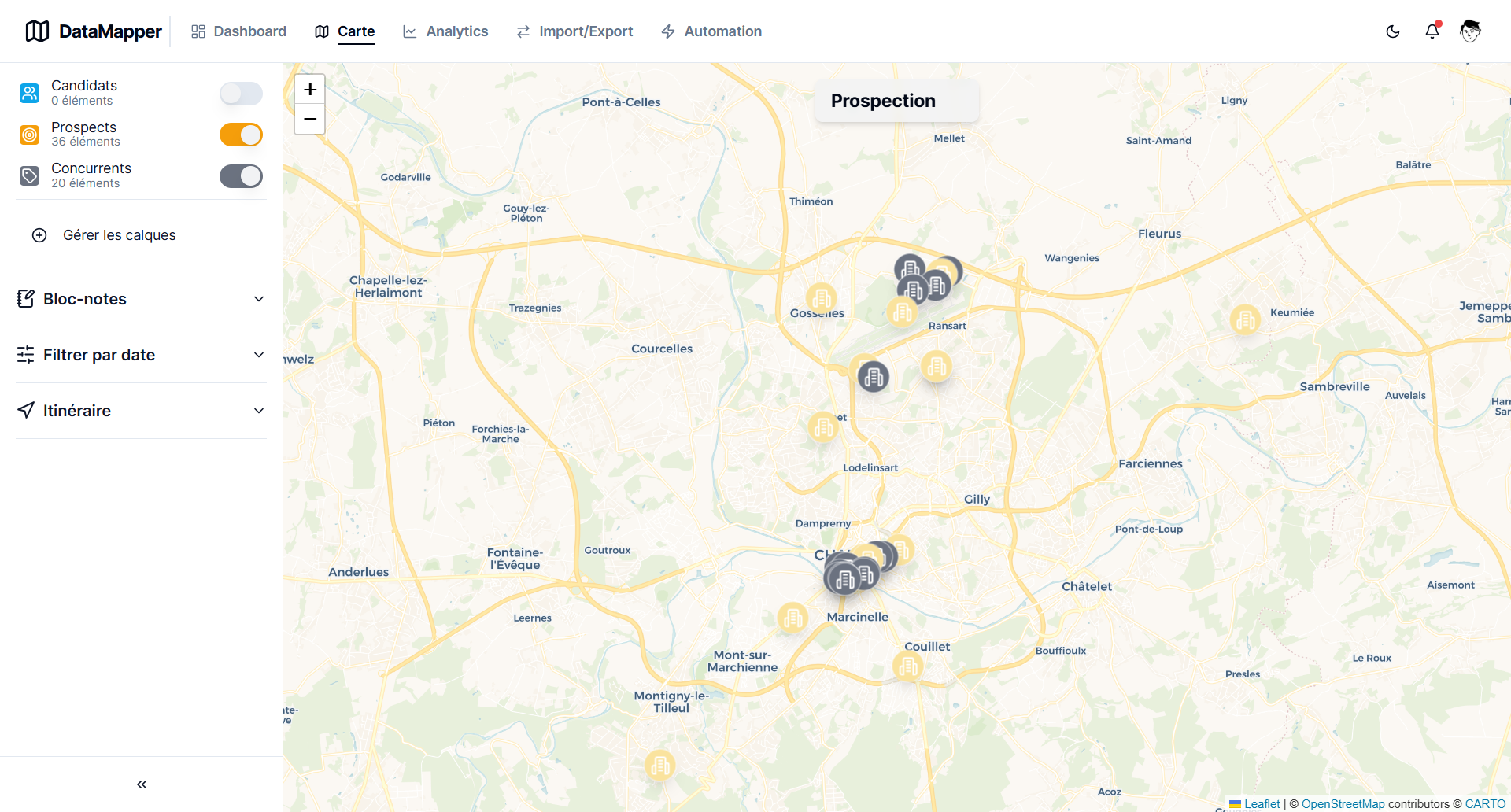 Aperçu de l'application DataMapper montrant une carte avec des repères