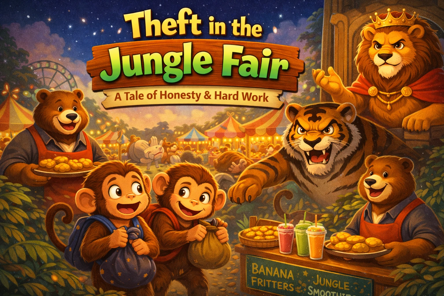 🐾 Theft in the Jungle Fair – A Story About Honesty and Hard Work