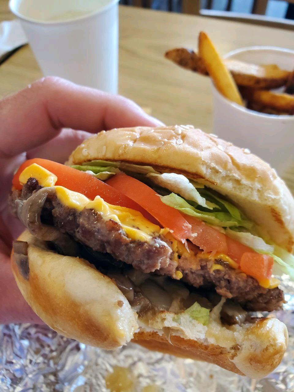 Five Guys cheeseburger with season fries Order restaurant near me: #ubereats #grubhub #doordash #postmates #seamless #Evansville IN