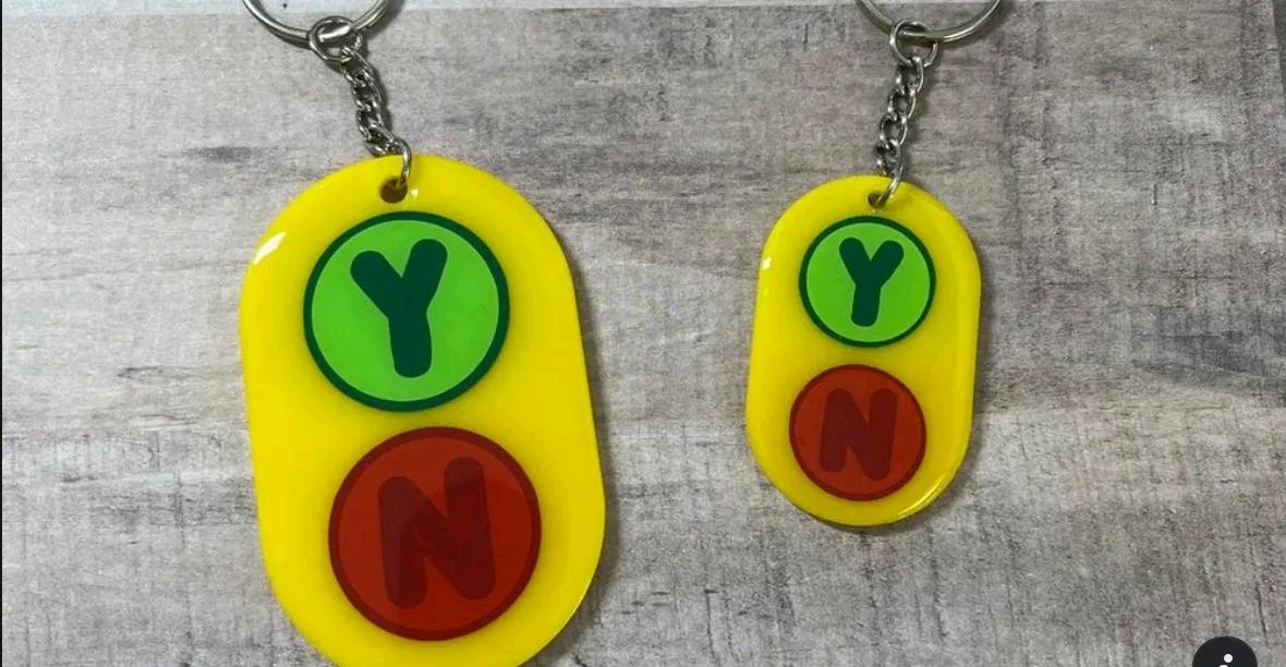 bluey yes no button keychain 