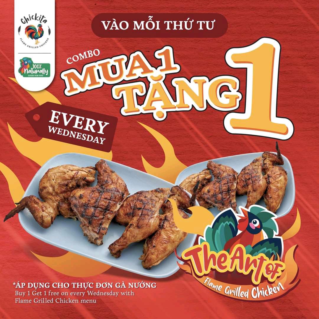 Ngoài kia có bé Tư mỏ hỗn, ở #Chickita có bé Tư dzui zẻ!
💖 Tin vui cho bạn! Cứ mỗi thứ tư hàng tuần bạn có thể mua HAI GÀ NƯỚNG NGUYÊN CON mà giá siêu ưu đãi
