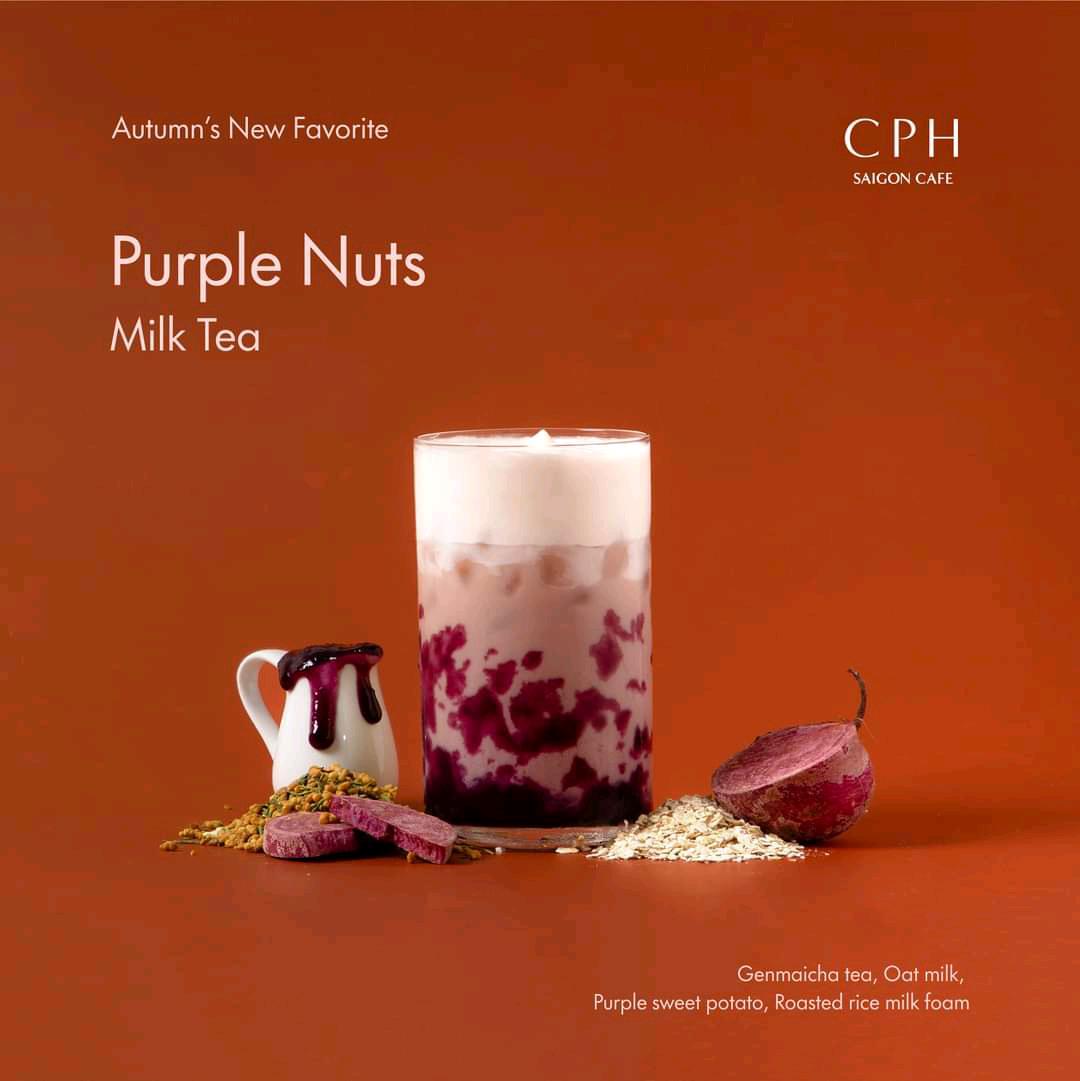 𝗖𝗣𝗛 𝗦𝗮𝗶𝗴𝗼𝗻 𝗖𝗮𝗳𝗲 Purple Nuts Milk Tea Genmaicha tea with oat milk via roasted sweet purple potato roasted rice milk foam 