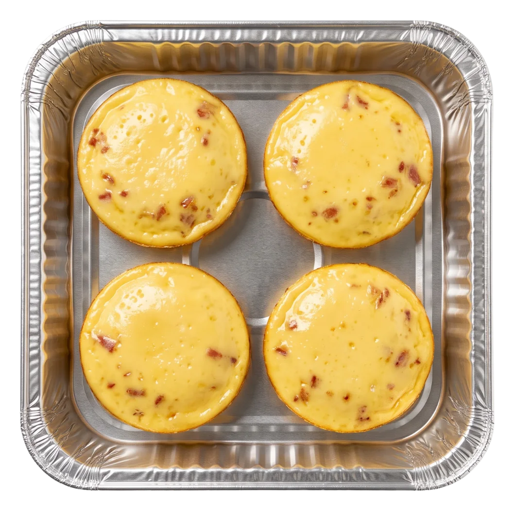 tandoco egg bites in a foil pan, 12 grams of protein each, reheated in about a minute on a school morning