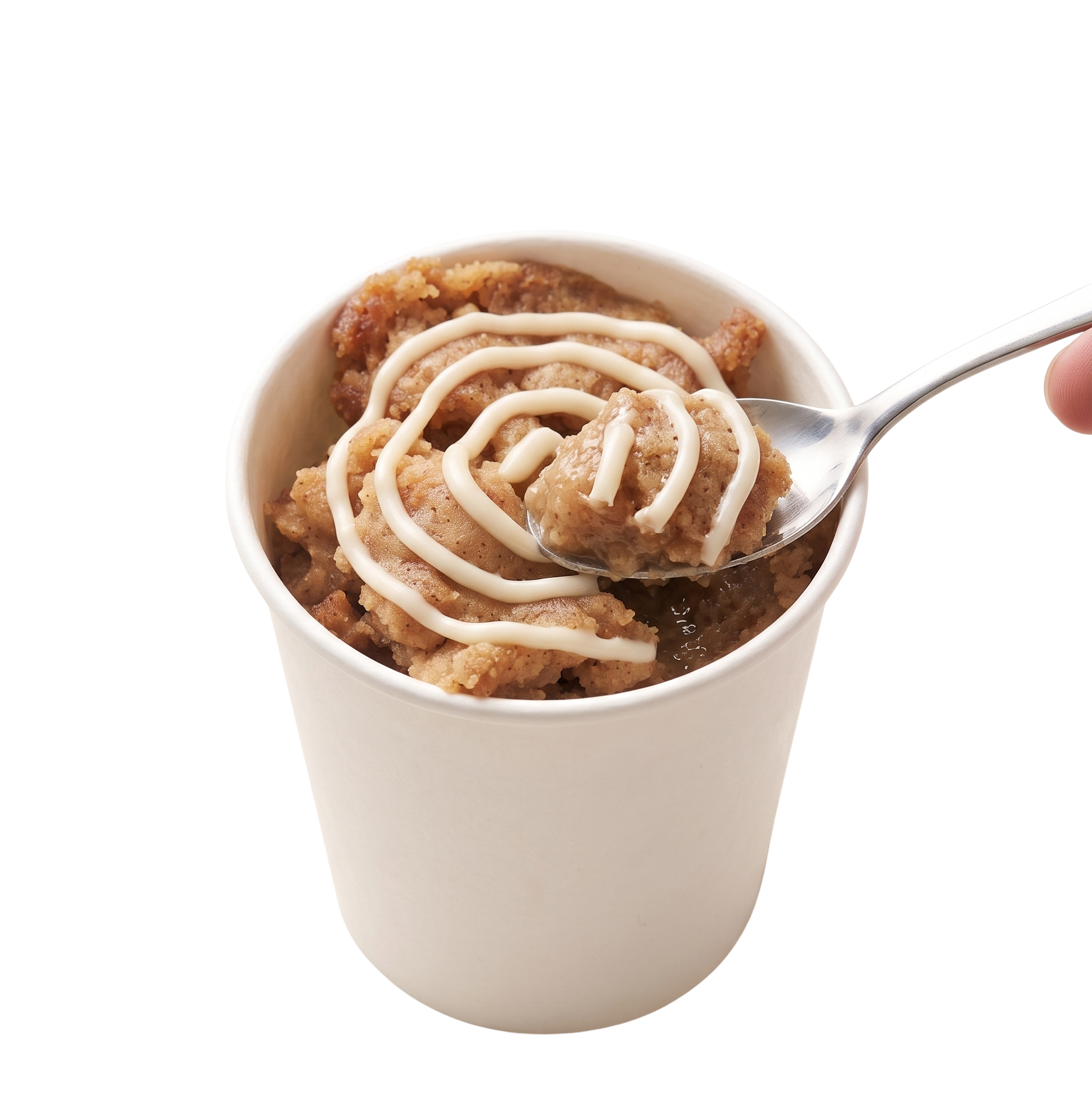 a tandoco cinnie cup — gooey cinnamon-roll pudding topped with a piped cream-cheese frosting crown