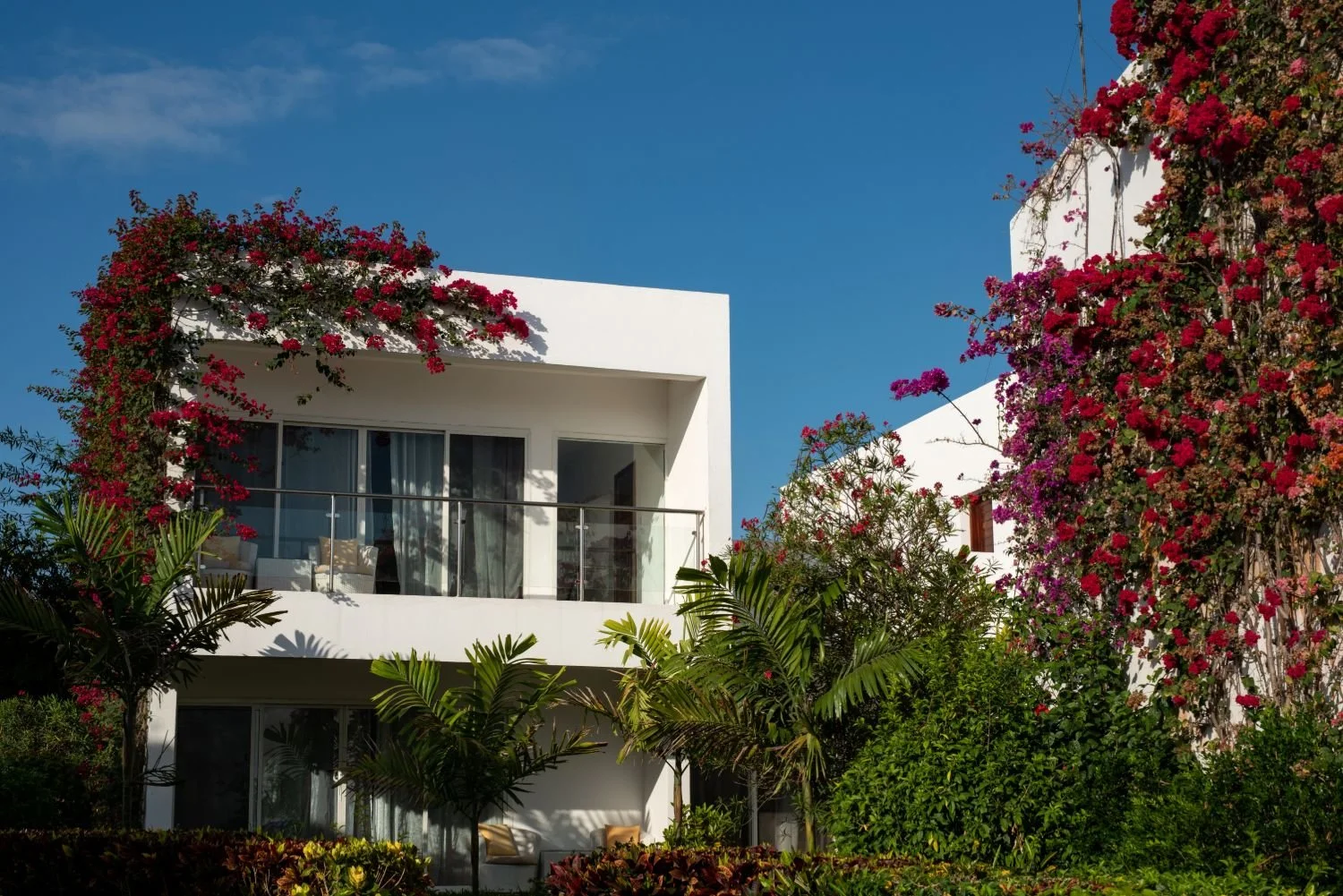 Modern resort villa architecture surrounded by lush green trees and flowers.