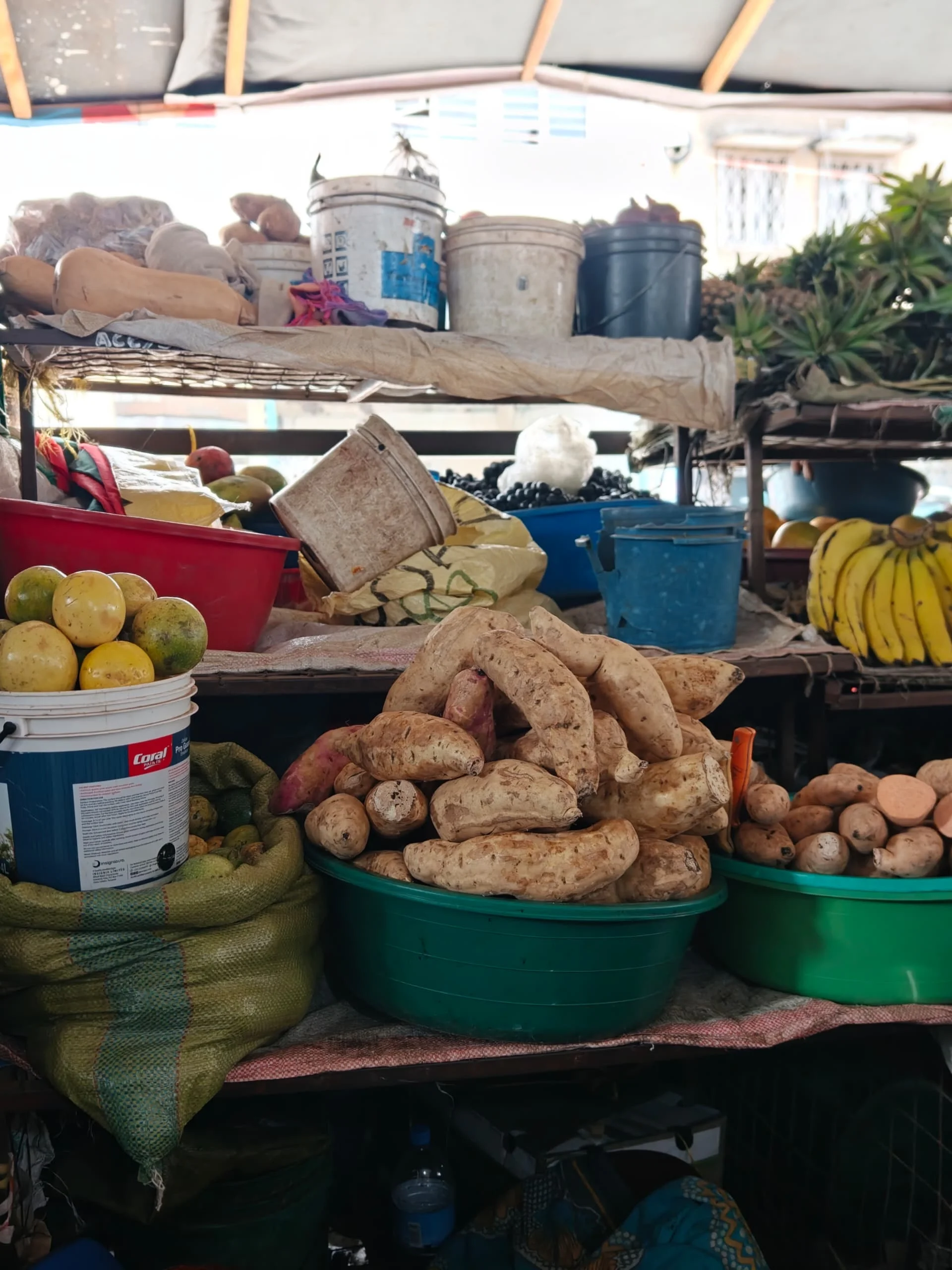 Mounds of fresh root vegetables and tubers stacked neatly in woven baskets at a market stall.