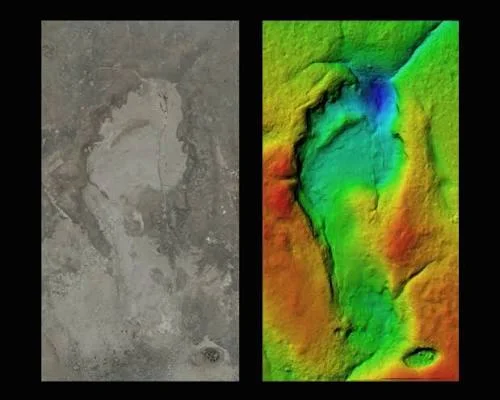 Side-by-side photo and 3D topographic depth scan of an ancient hominid footprint at Engaresero, Tanzania.