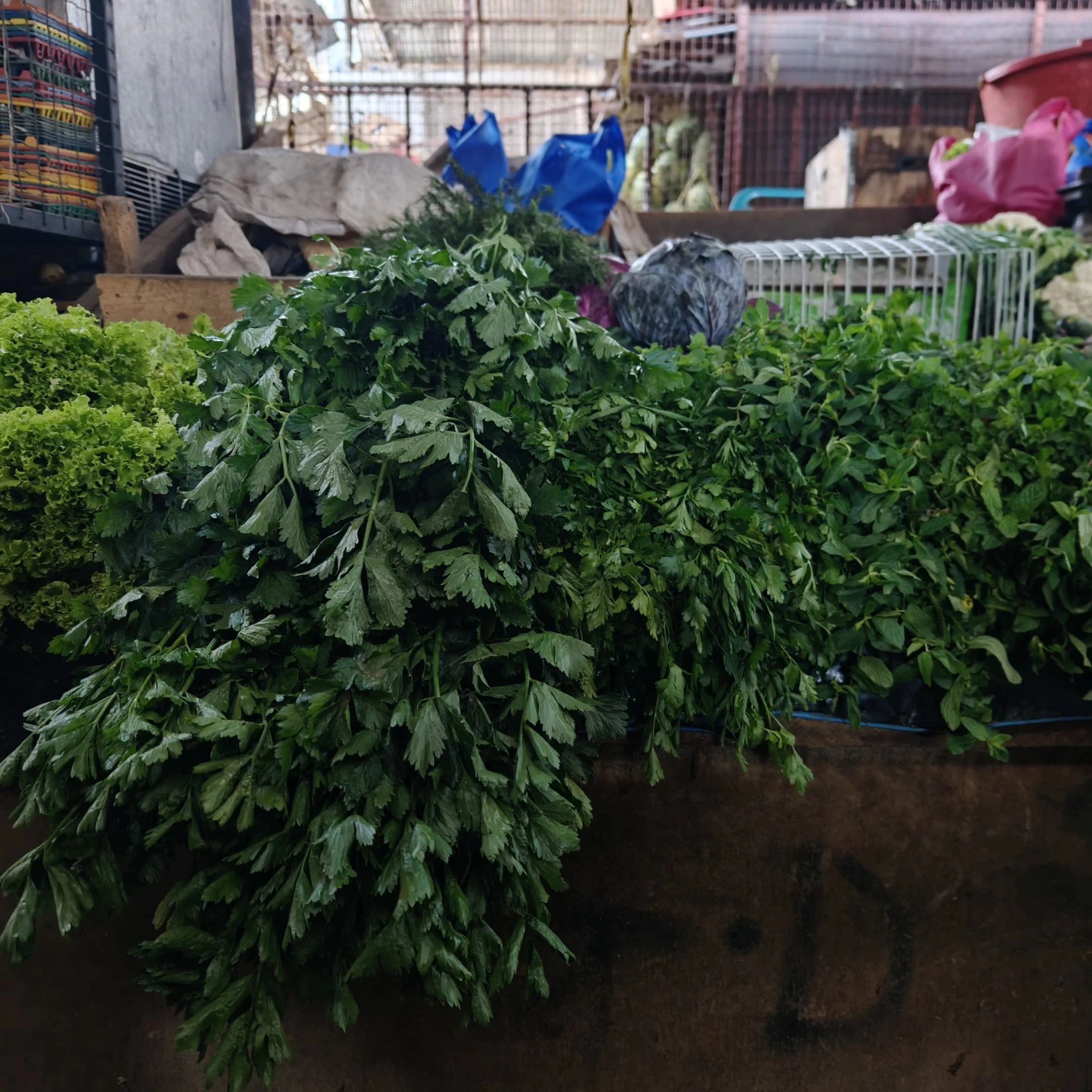 Large bundle of fresh green leafy herbs displayed in a basket at a market vendor's stall in Arusha Central Market.