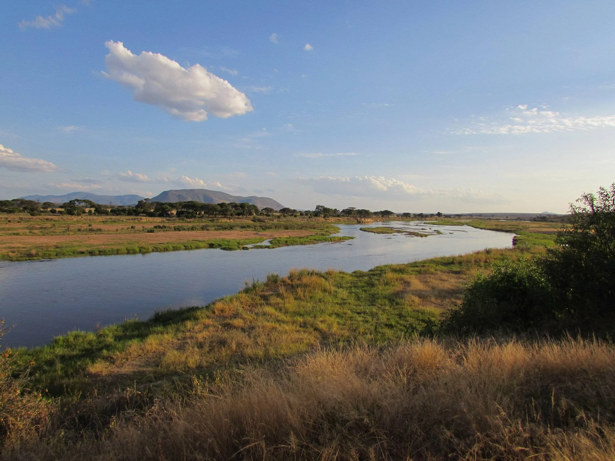 A wide calm river flowing through golden grassy fields under a blue sky.