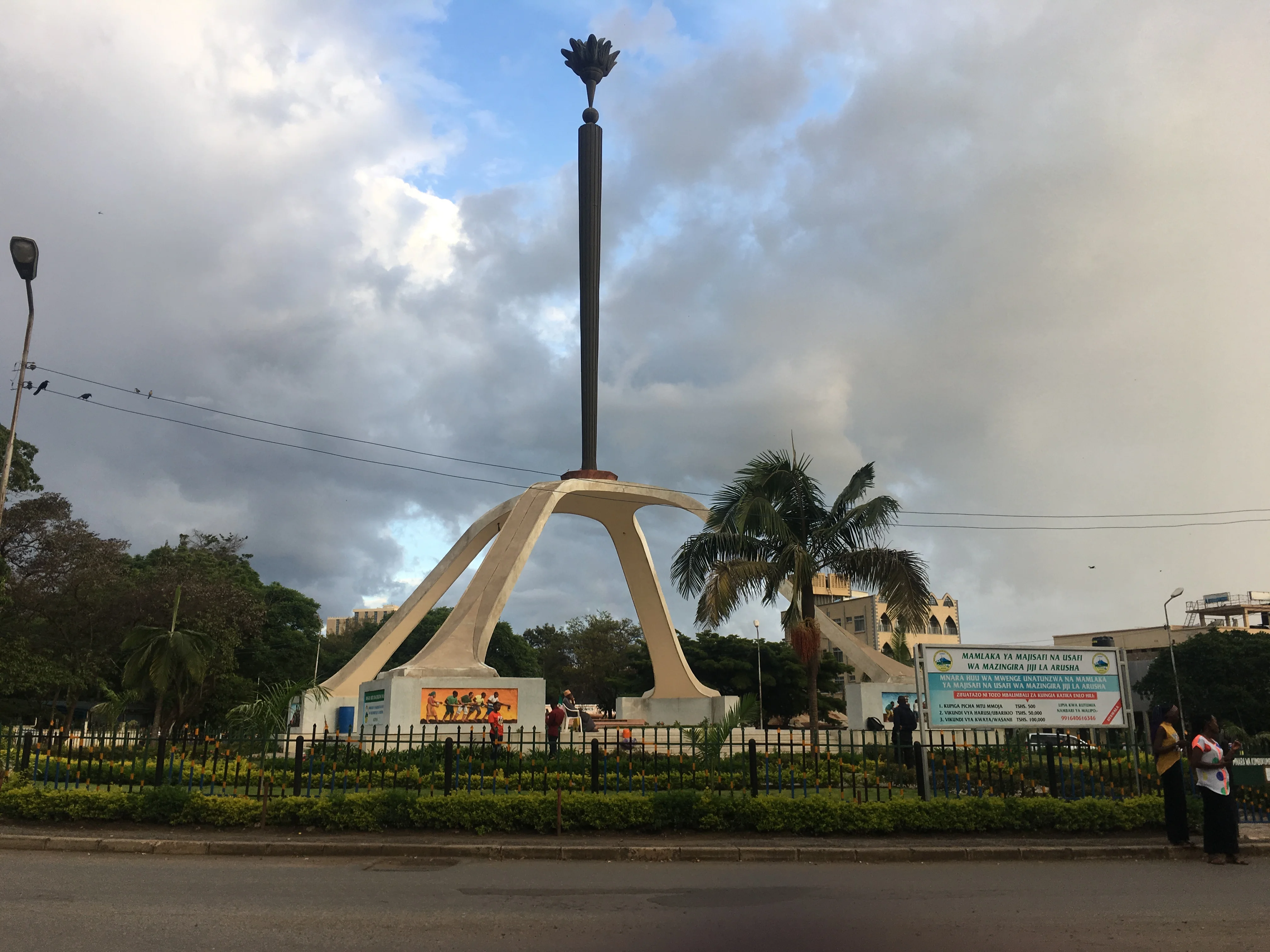 The iconic Mwenge wa Uhuru torch monument landmark in Arusha city center.