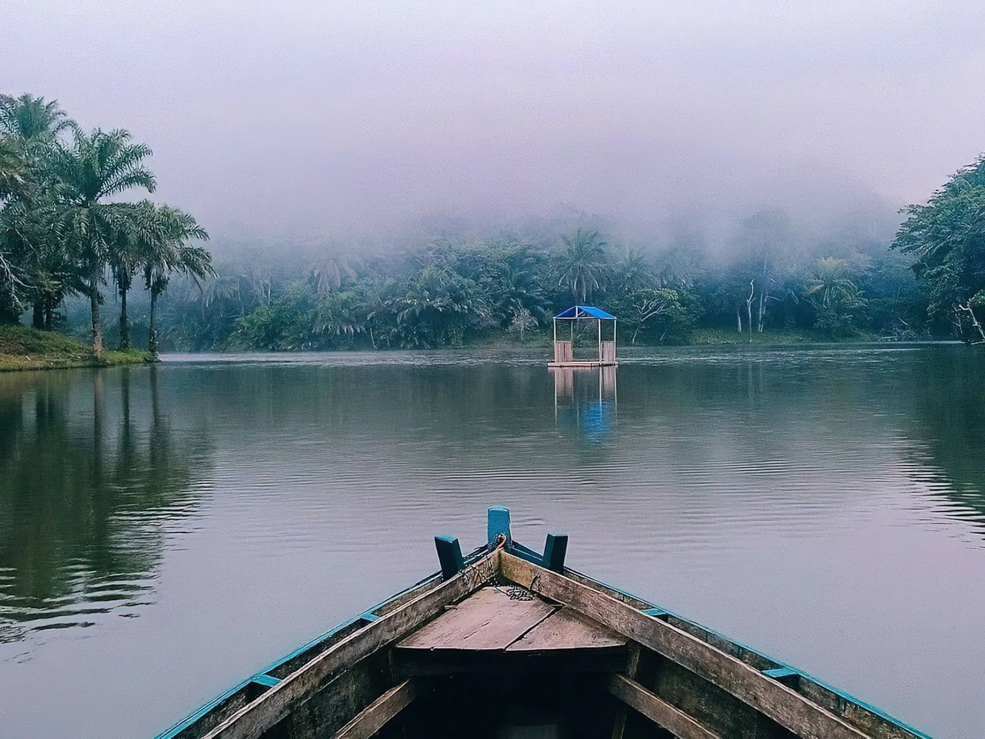 Wooden rowboat on a calm, misty lake surrounded by palm trees in Magoroto Forest