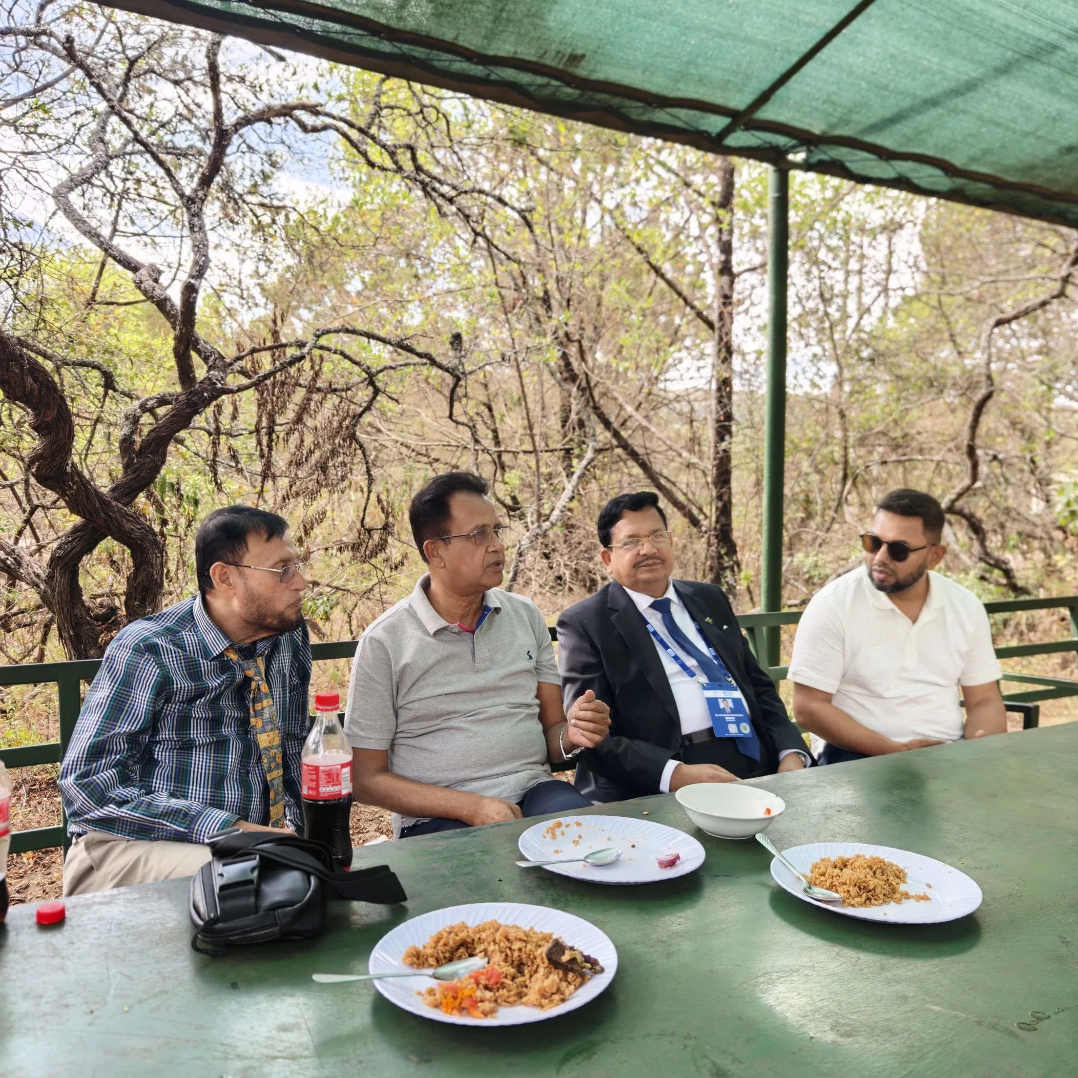 Four men seated around a green table enjoying a outdoor meal under a sheltered canopy.