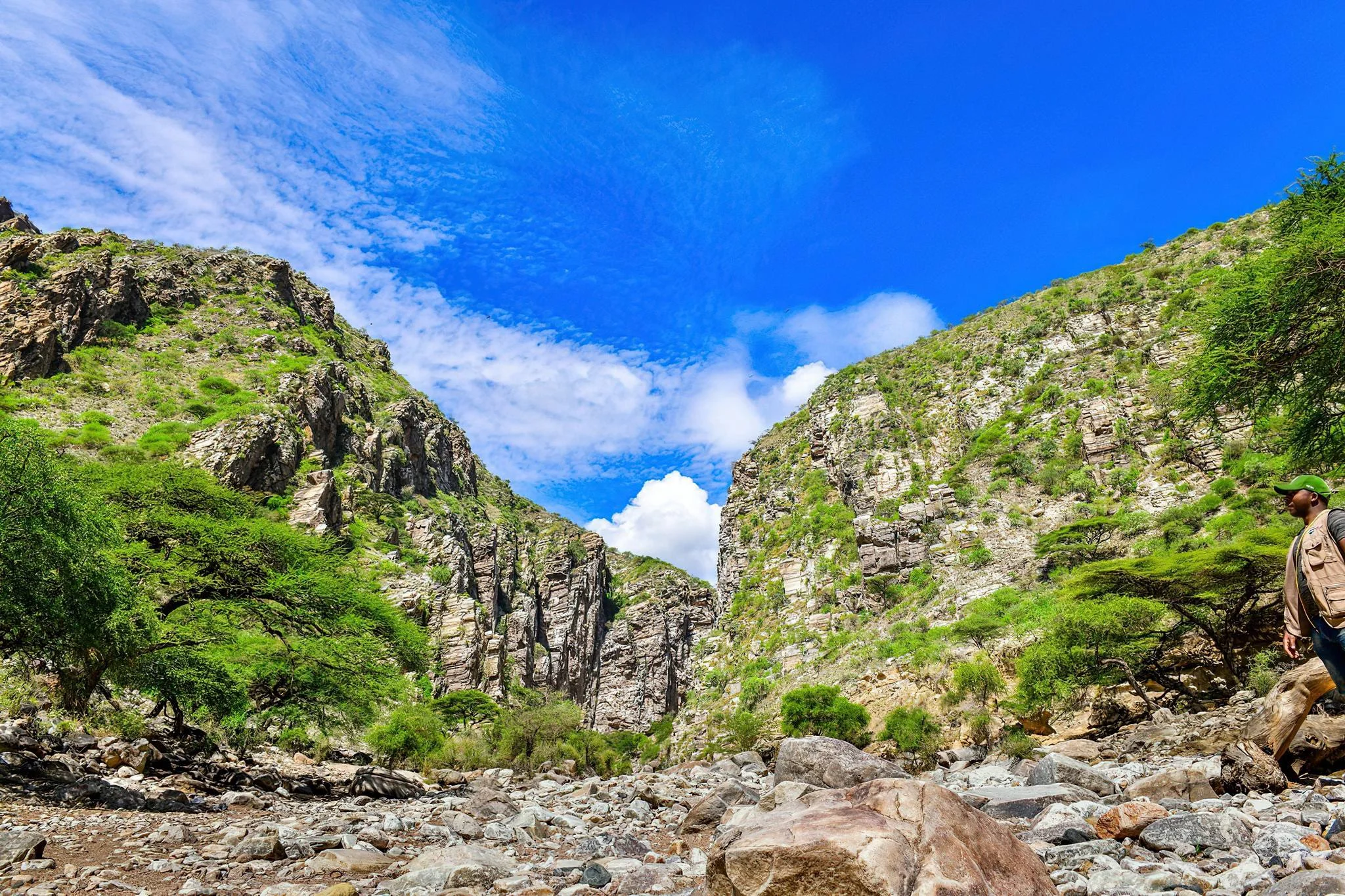 Vibrant blue sky framing steep canyon cliffs at Olkarien Gorge in Ngorongoro Conservation Area.