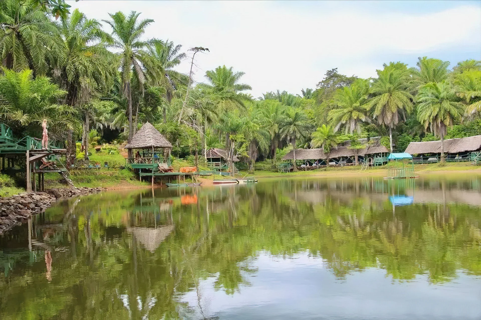Peaceful lakeside view with palm trees and estate buildings reflected on the water.
