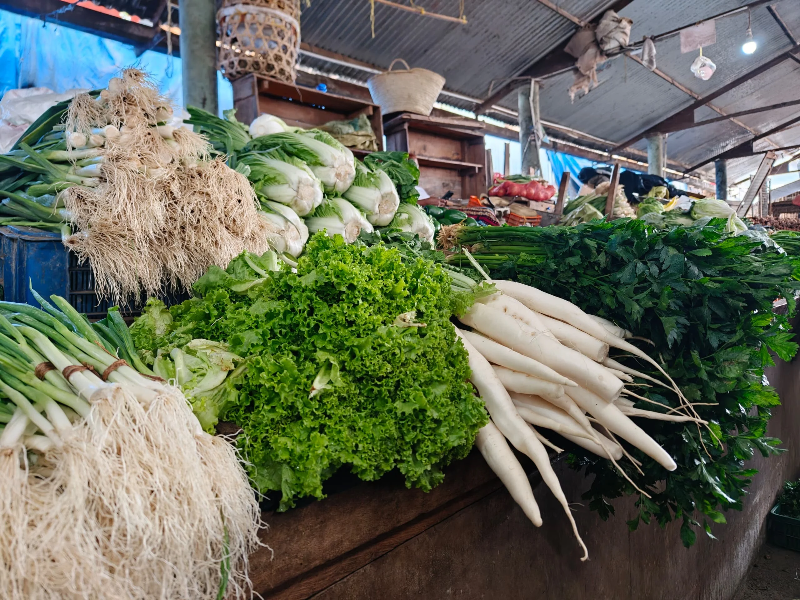 Fresh produce market stall in Arusha displaying white radishes, leafy greens, and vegetables.