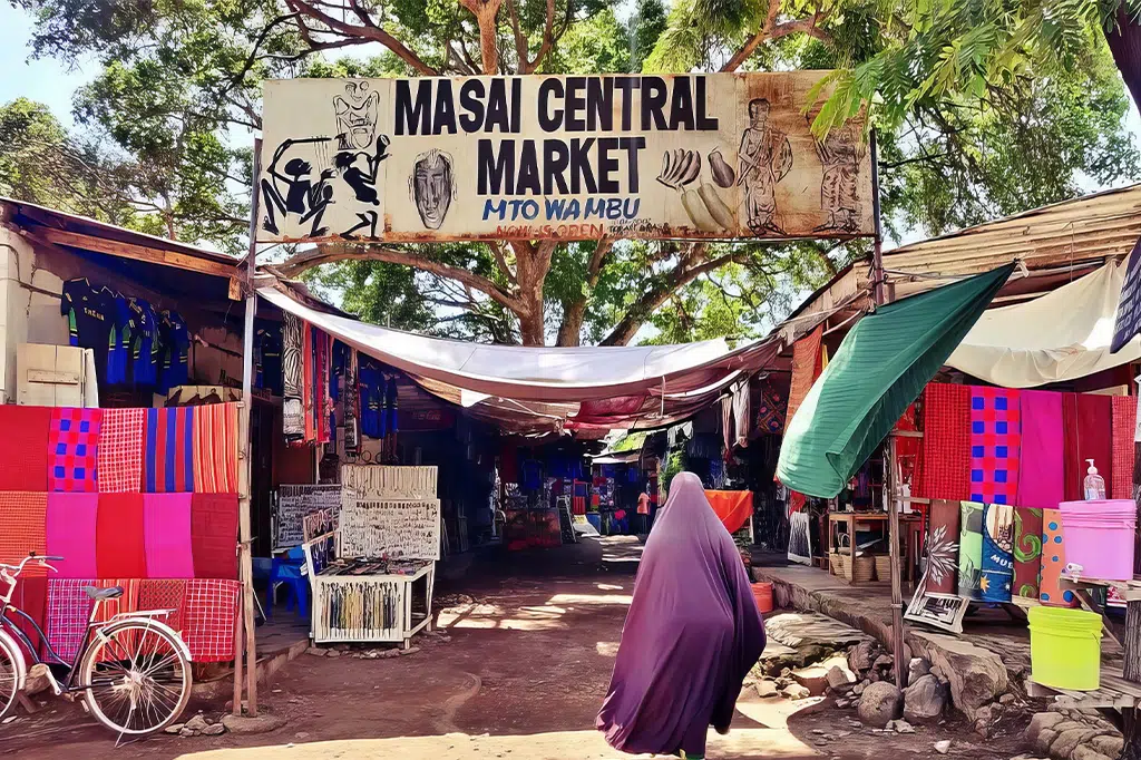 Outdoor entrance of Maasai Central Market in Mto wa Mbu with colorful fabrics and crafts on display
