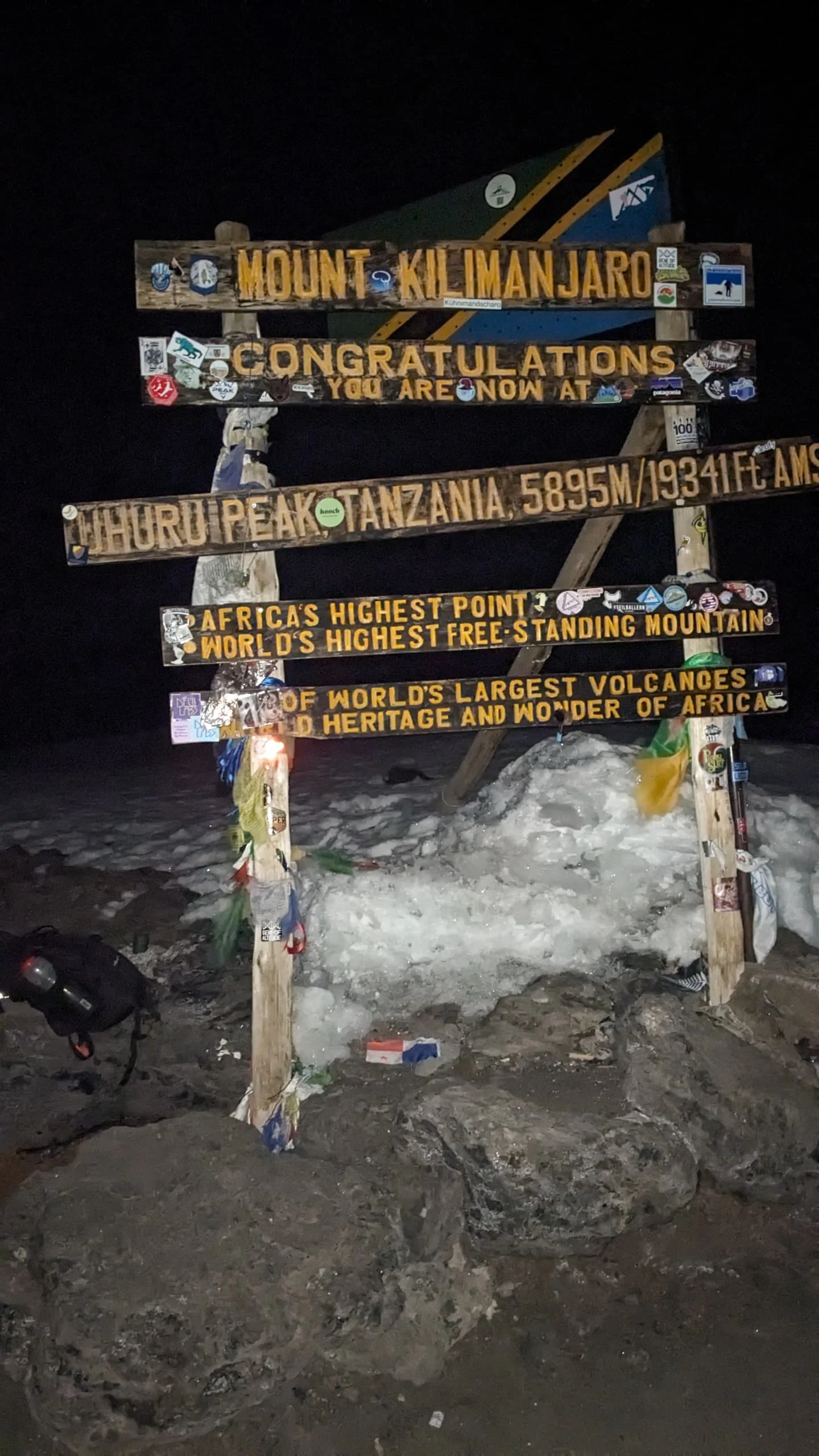 Uhuru Peak summit sign on Mount Kilimanjaro marks 5,895 metres, Africa's highest point, on a nighttime Tanzania summit climb.
