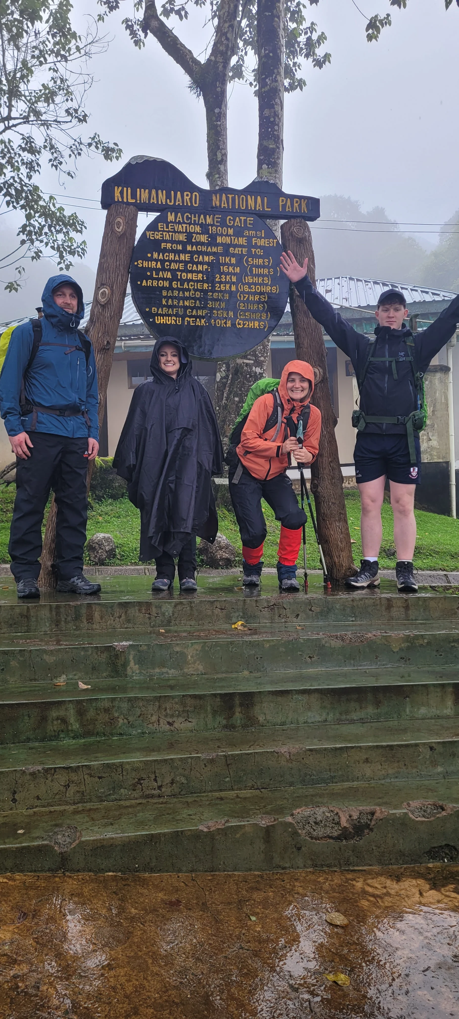 Trekkers pose at Machame Gate in Kilimanjaro National Park under rainy skies before starting the Mount Kilimanjaro adventure.