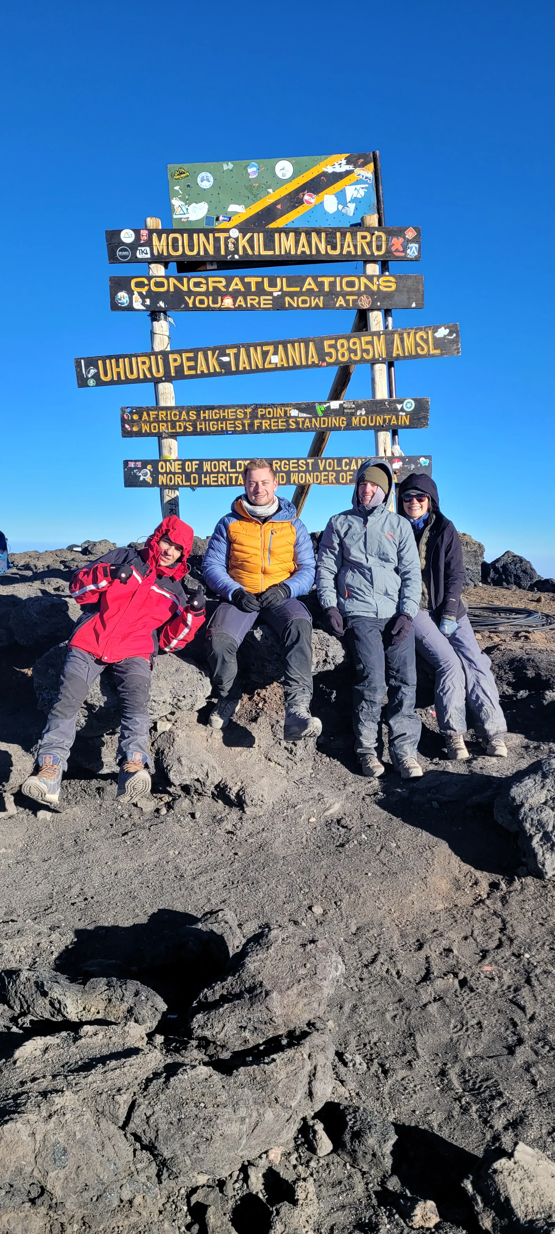 Trekkers celebrate at Uhuru Peak on Mount Kilimanjaro beneath the summit sign after completing a demanding climb in Tanzania.
