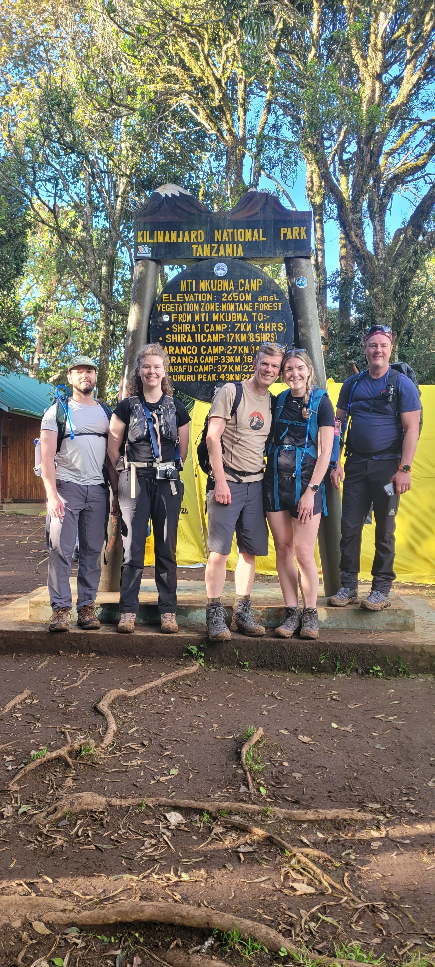 Trekkers pose at the Kilimanjaro National Park entrance before starting their mountain adventure in northern Tanzania today.!