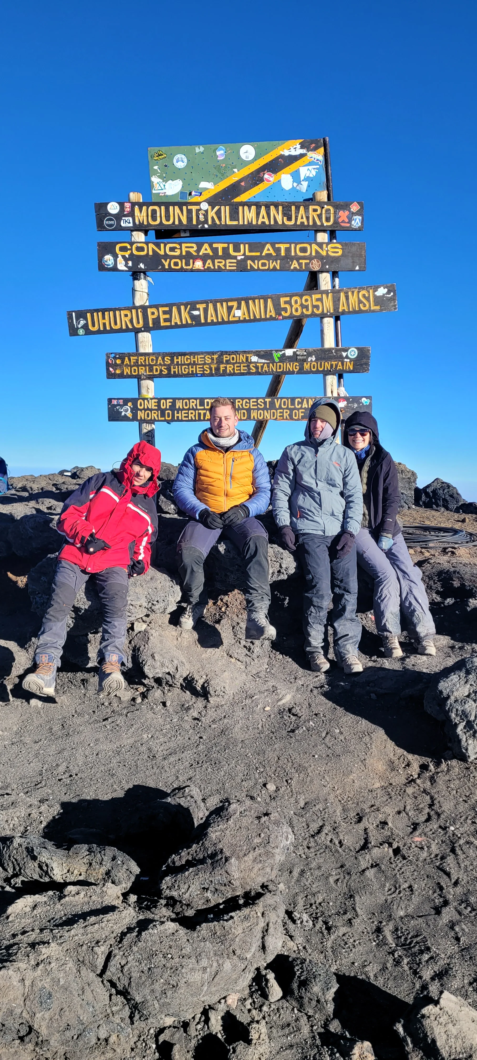 Trekkers celebrate at Uhuru Peak, Mount Kilimanjaro's 5,895-metre summit, beneath clear blue skies after a challenging climb.