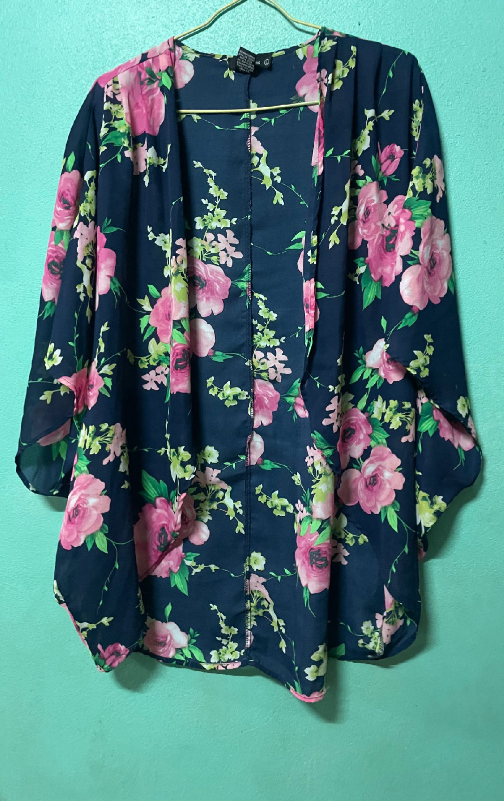 Kimono fleuri rose et bleu marine photo 1