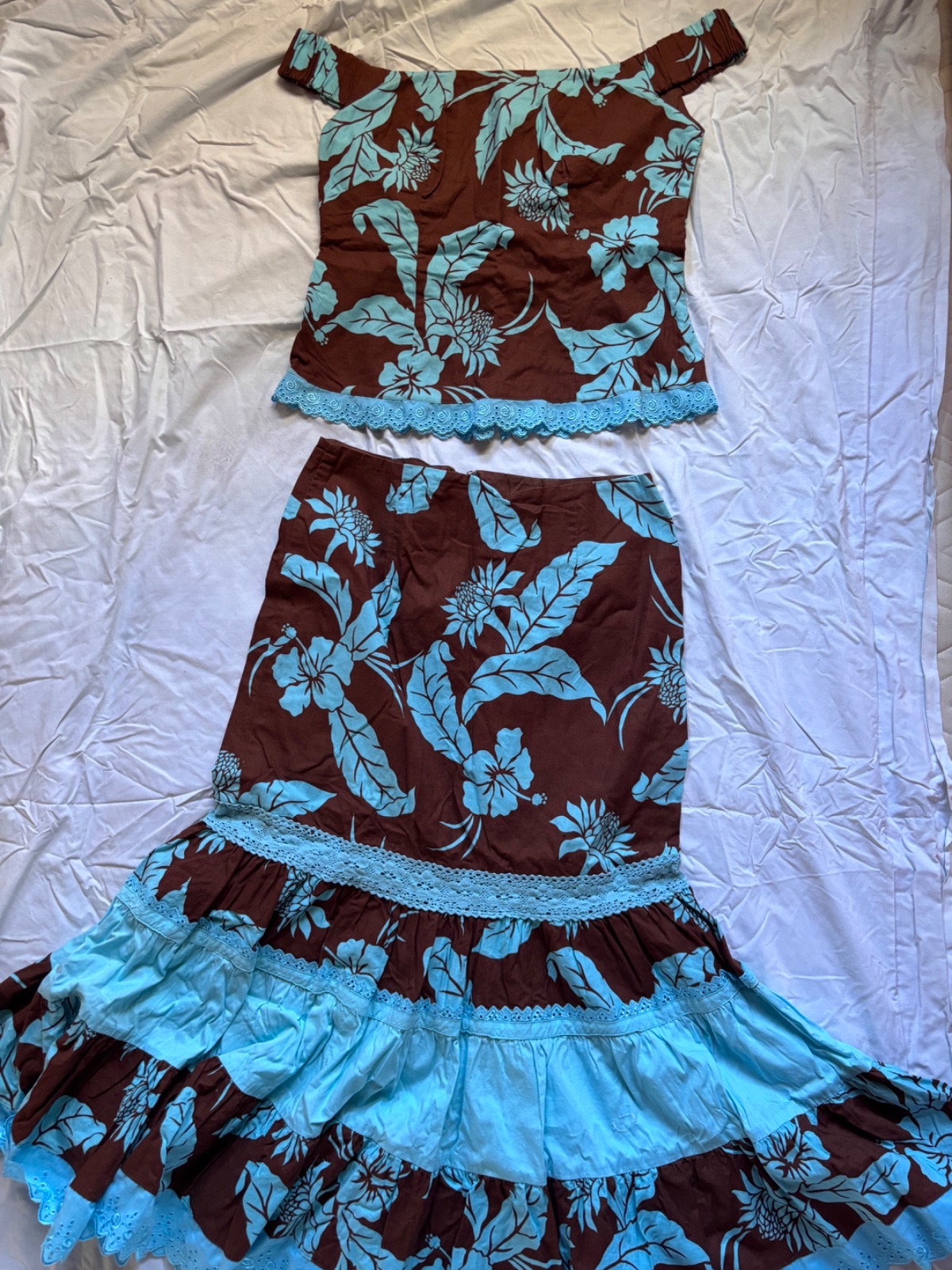 Ensemble jupe longue et top fleuri marron et bleu lagon photo 1
