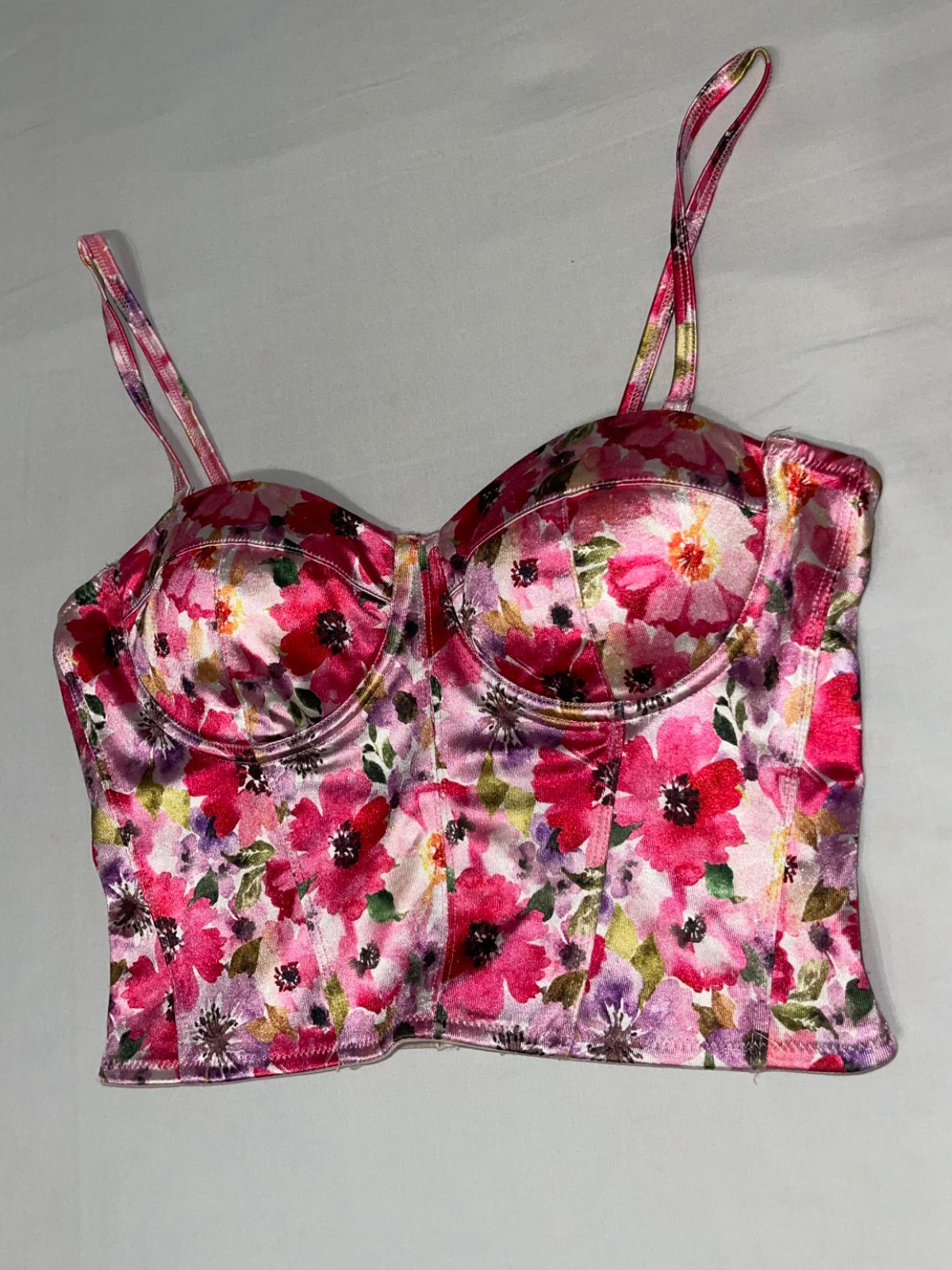 Top bustier fleuri rose et violet photo 1
