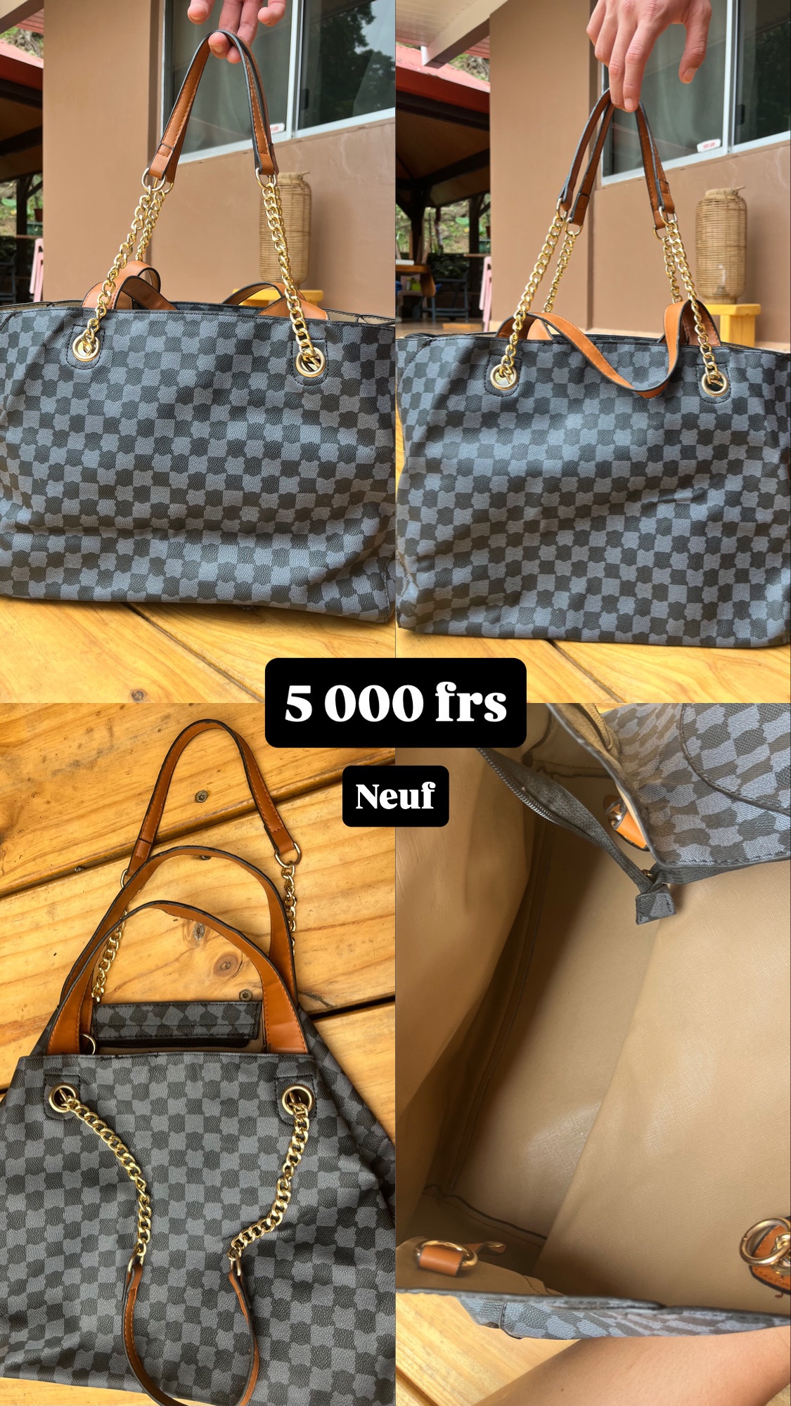 Sac cabas à motif damier et chaînes dorées photo 1