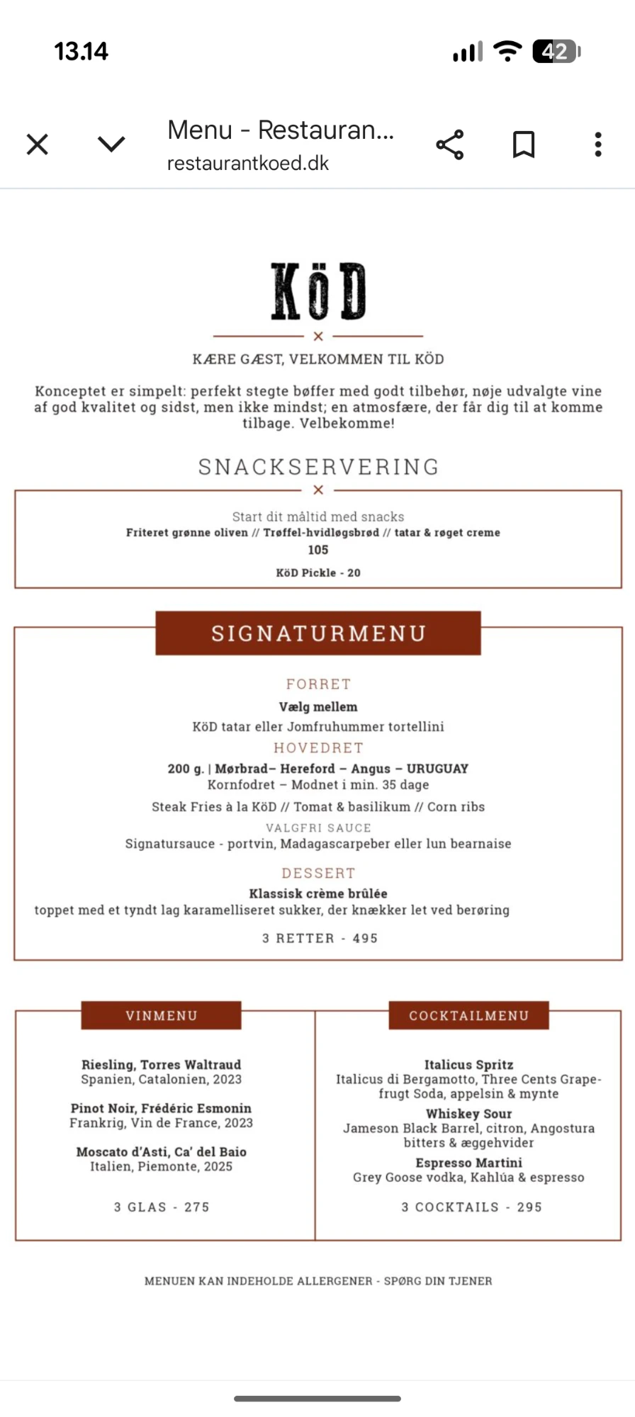 Signaturmenu hos KöD Aarhus