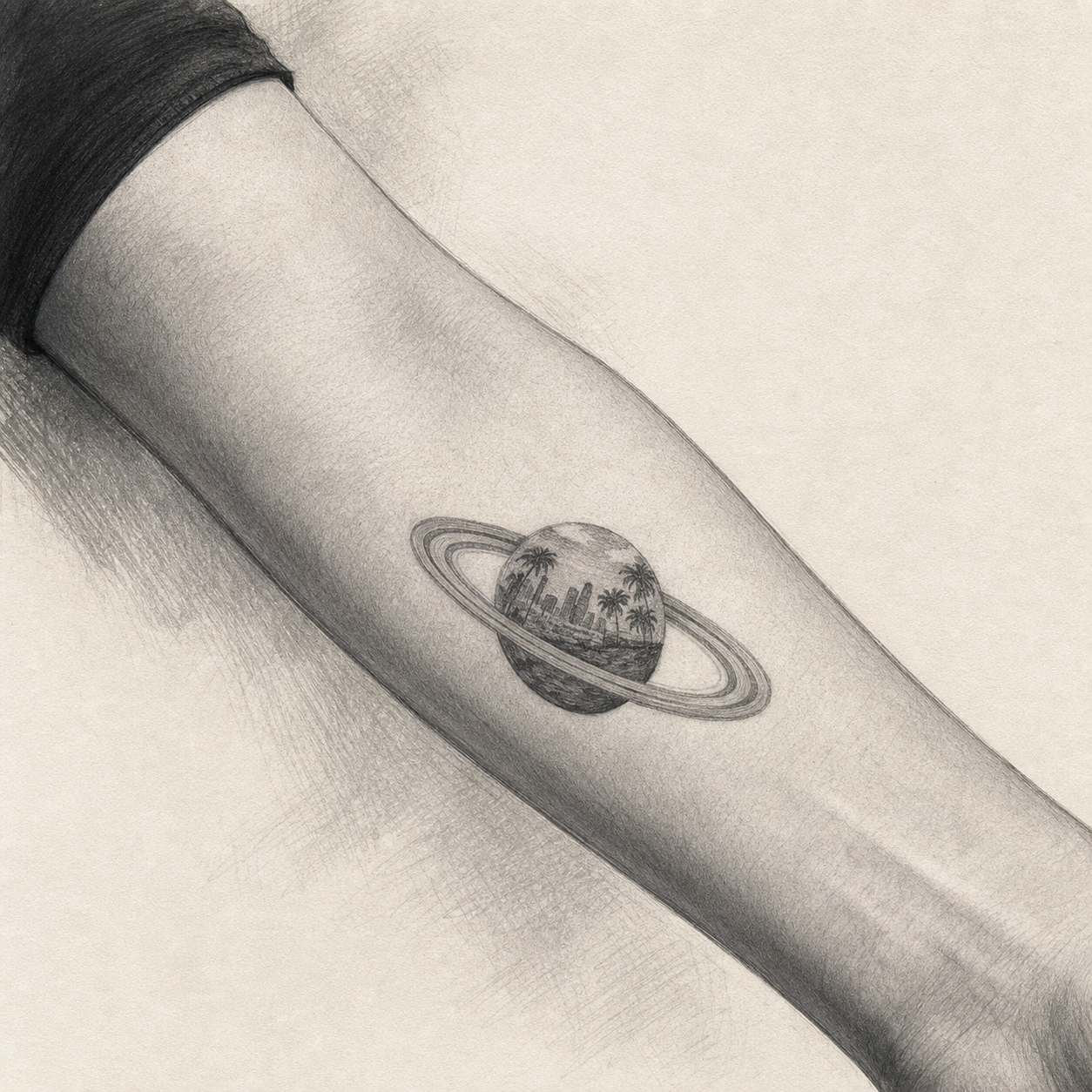 An AI-generated graphite editorial illustration of an anonymous inner forearm carrying a ringed Saturn tattoo with a Los Angeles skyline and palm trees.