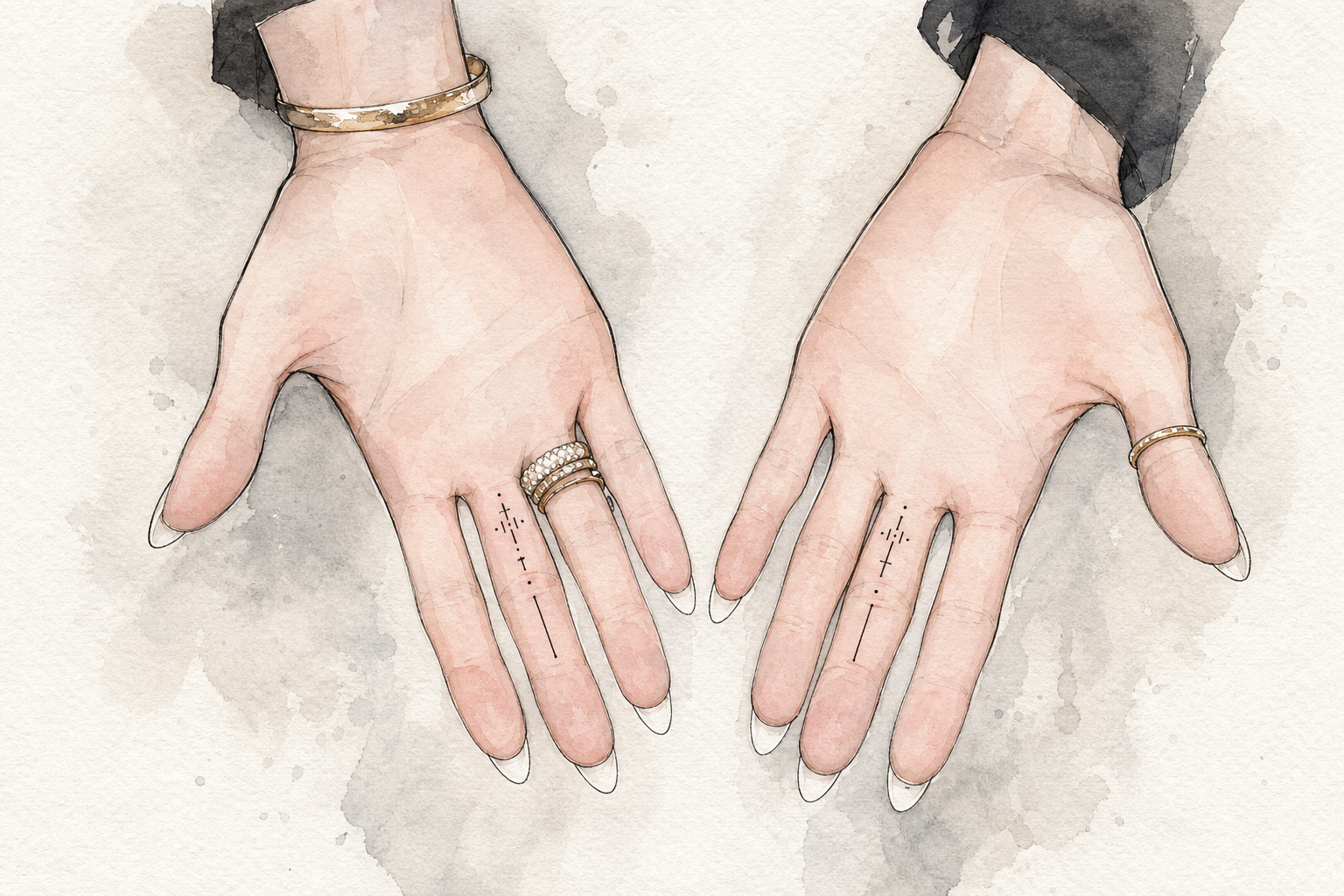 An AI-generated ink-and-watercolor editorial illustration of two anonymous open hands with fine-line geometric dagger tattoos on the middle fingers.
