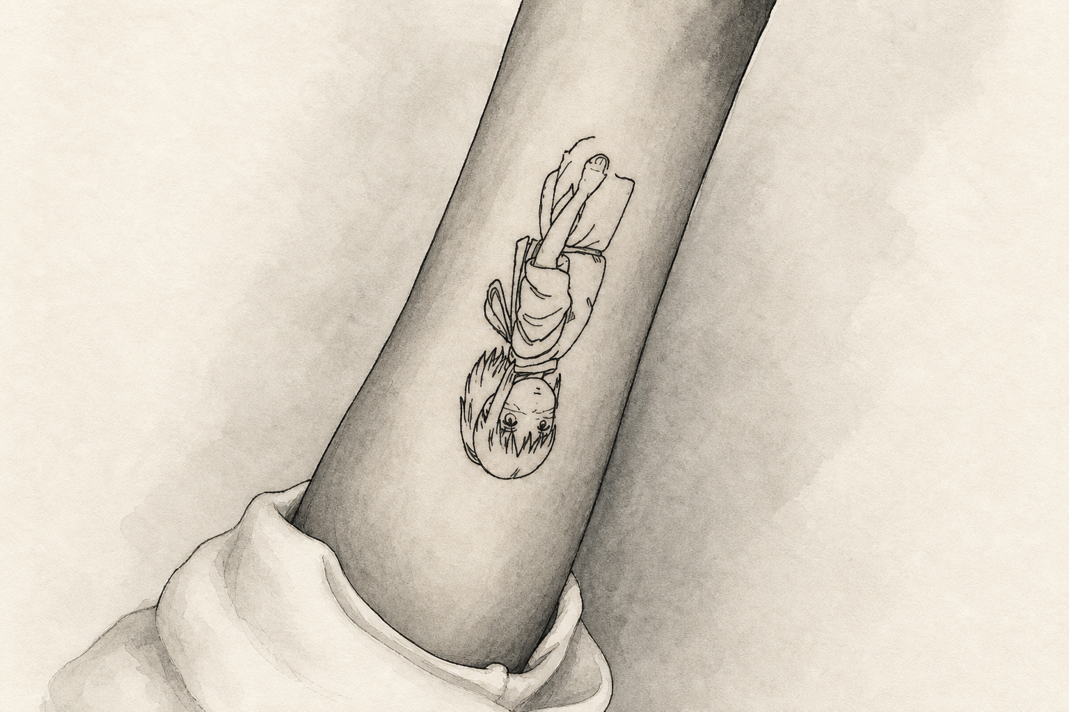 An AI-generated ink-and-watercolor editorial illustration of an anonymous inner forearm with a long black line-art character portrait tattoo.