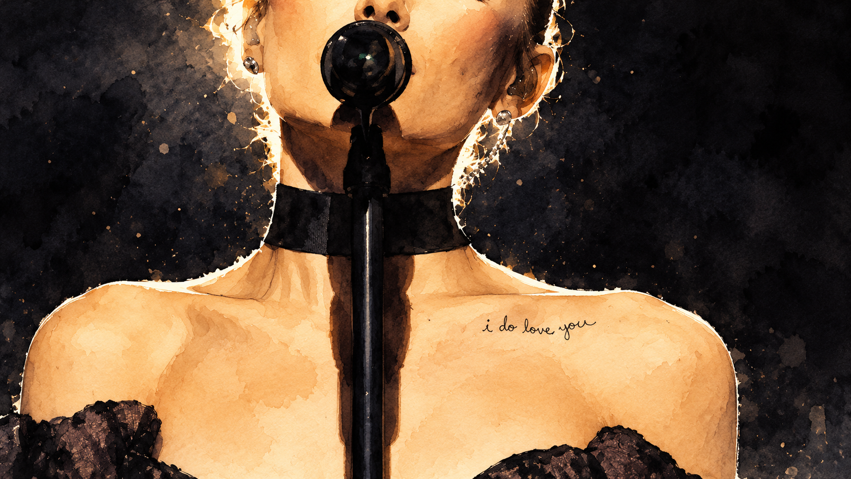 AI-generated watercolor illustration of small handwritten script on an anonymous singer's left collarbone at a microphone.