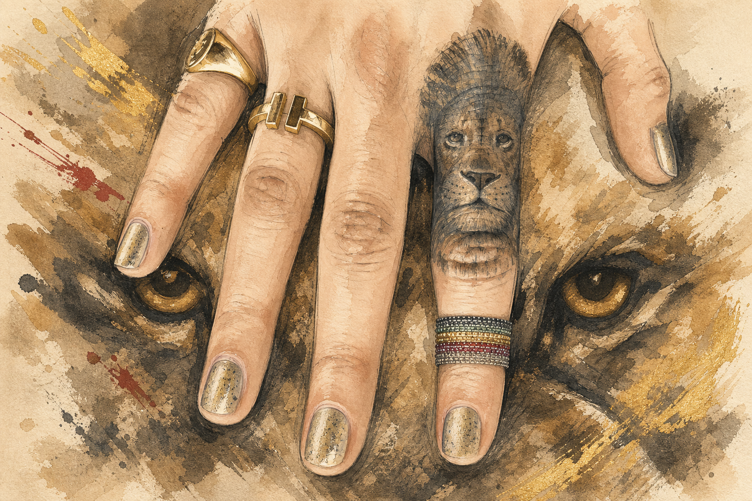 An AI-generated ink-and-gouache editorial illustration of an anonymous hand with a lion-head finger tattoo over a lion-patterned textile.