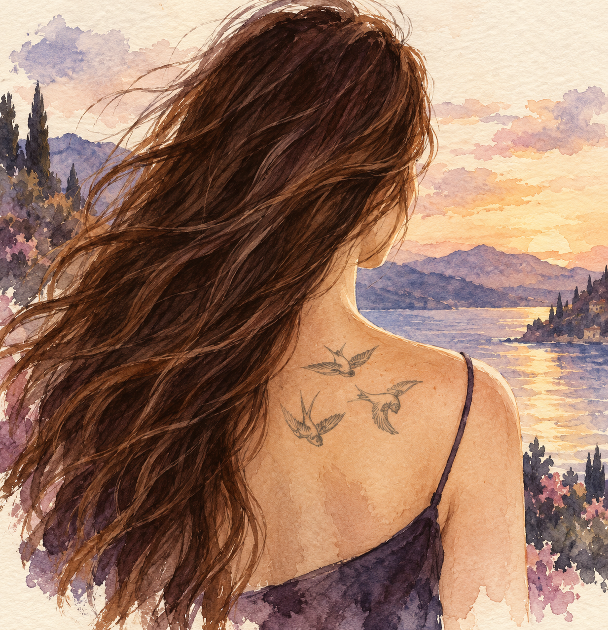 Watercolor illustration of three small flying birds tattooed across an anonymous woman’s right shoulder blade.