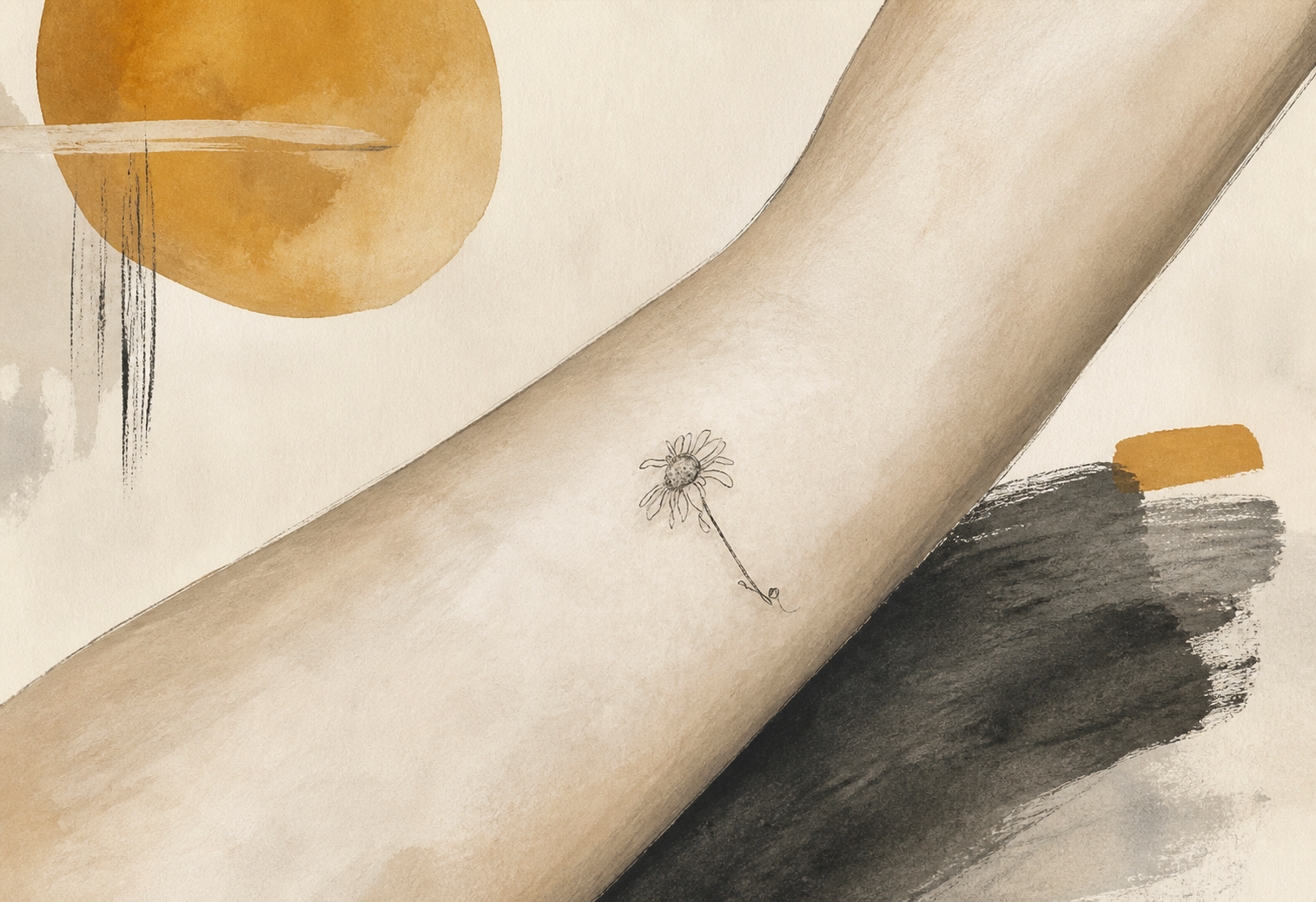 An AI-generated editorial illustration of an anonymous forearm with a small fine-line wilted daisy tattoo.
