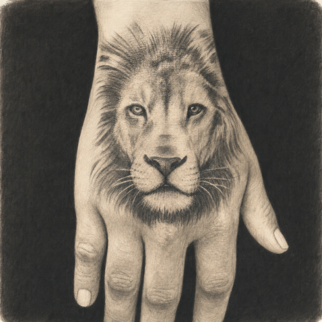 An AI-generated charcoal editorial illustration of an anonymous left hand carrying a forward-facing lion-head tattoo.