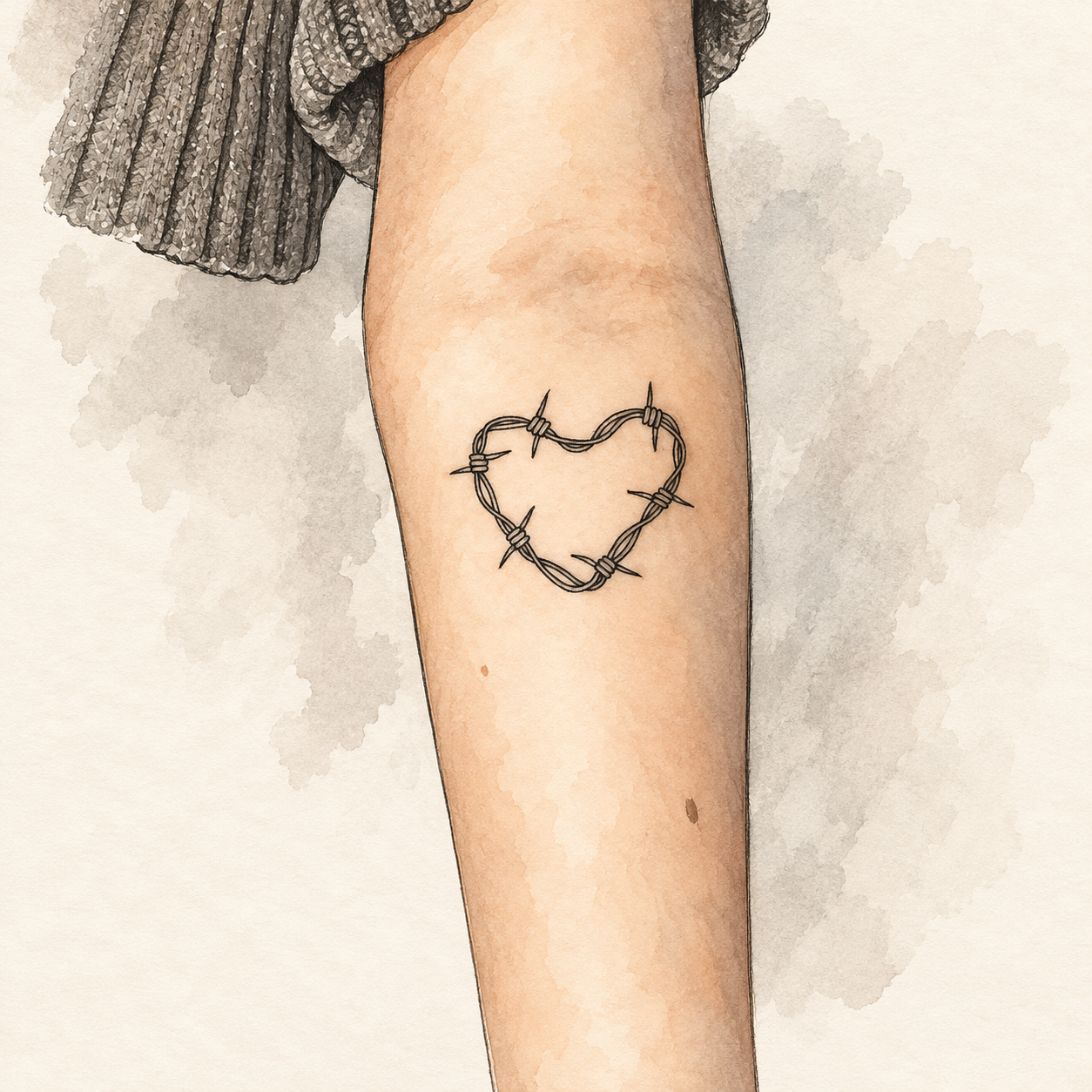 AI-generated watercolor illustration of a black barbed-wire heart on an anonymous inner forearm.