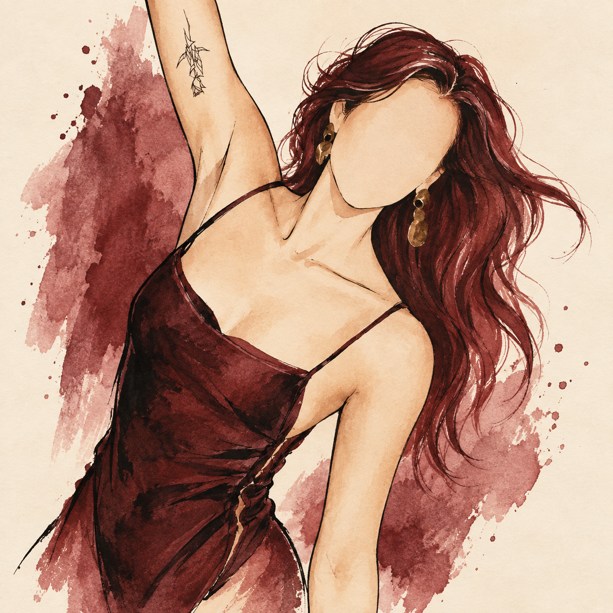AI-generated ink-and-watercolor illustration of a faceless woman with a raised arm and angular rose tattoo.